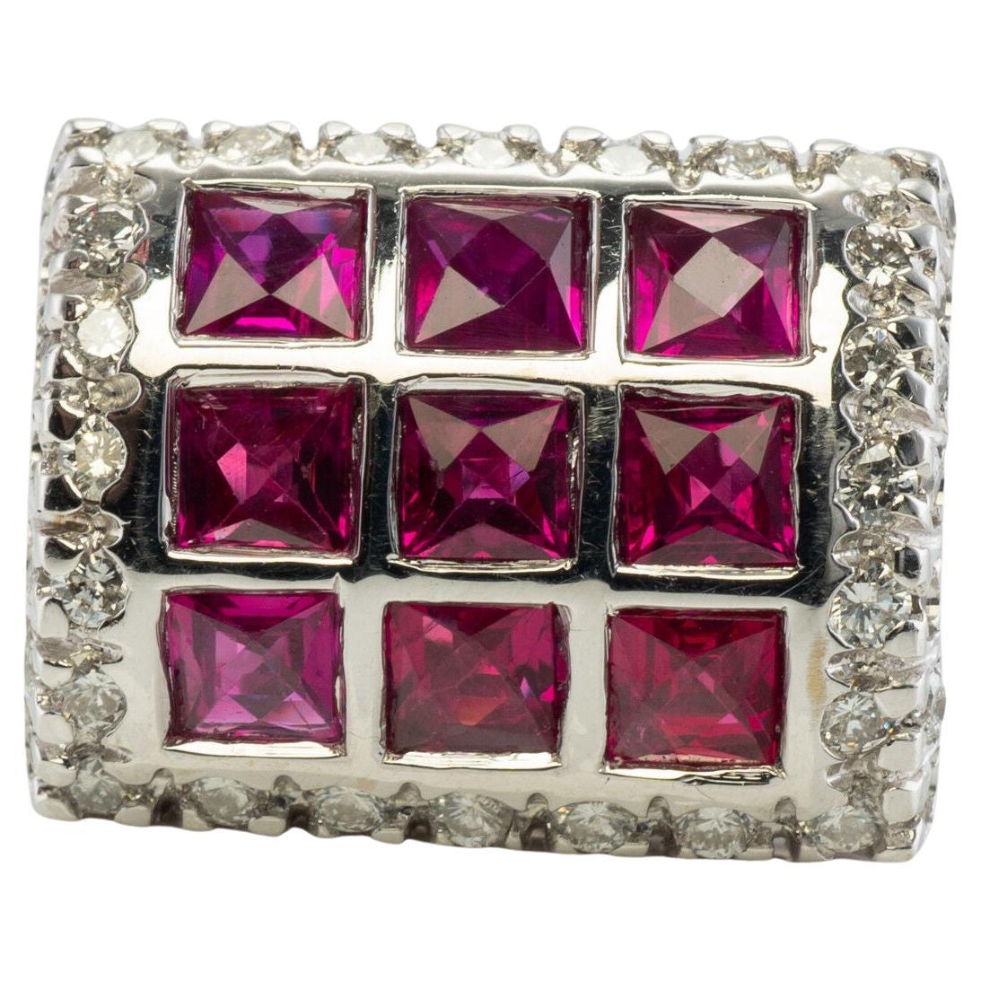 Diamond Ruby Ring 18K White Gold Band Geometric For Sale