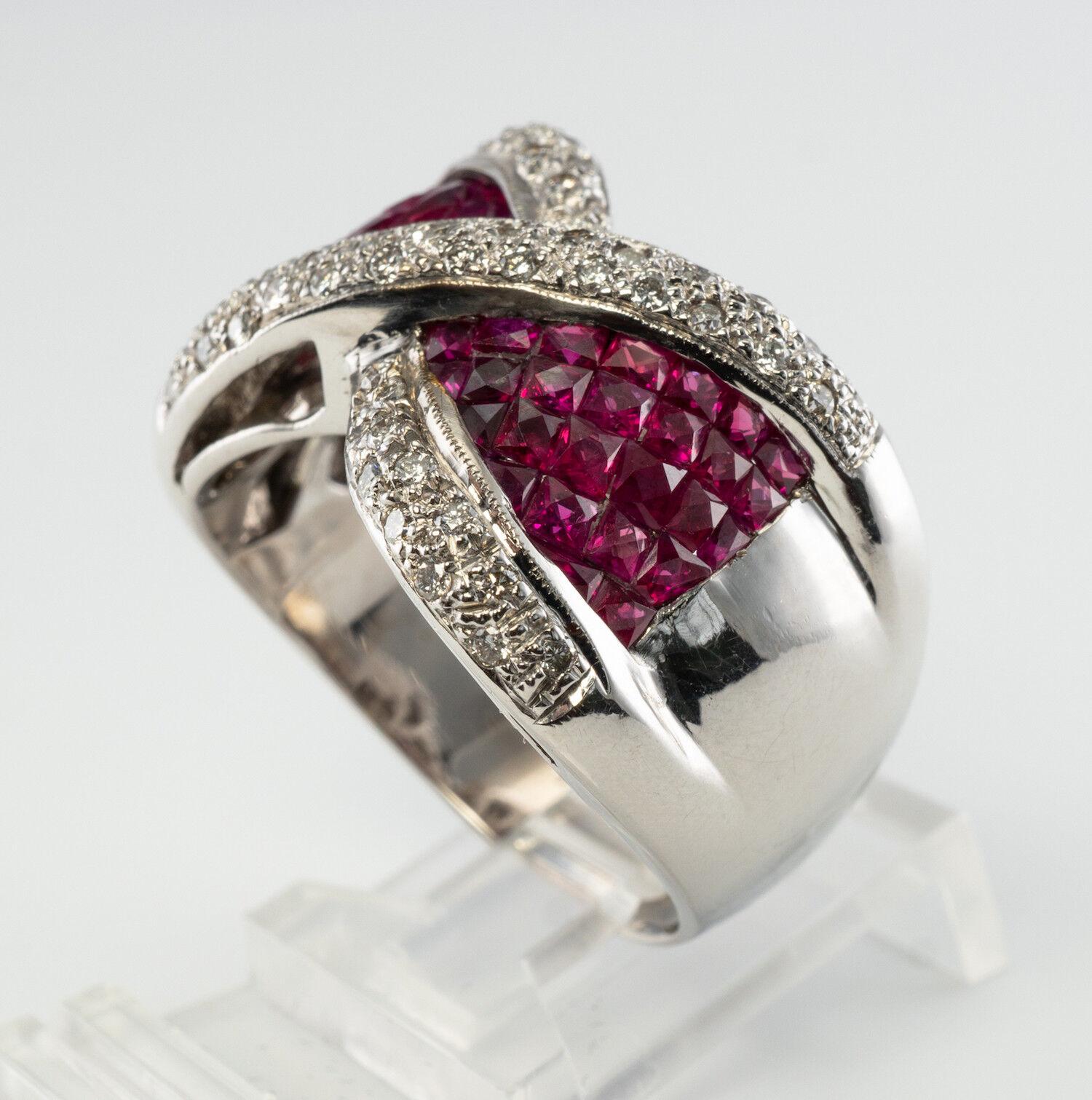Diamond Ruby Ring 18K White Gold Wide Band Bow For Sale 5