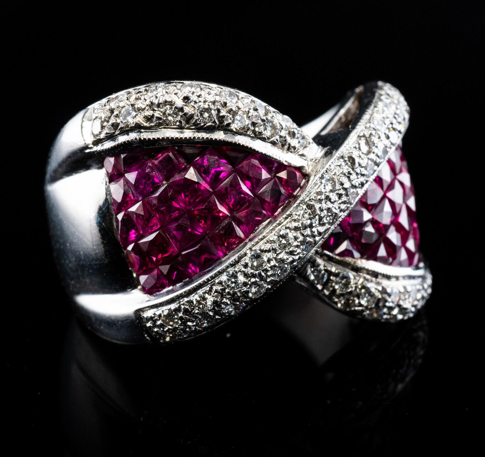 Diamond Ruby Ring 18K White Gold Wide Band Bow For Sale 6
