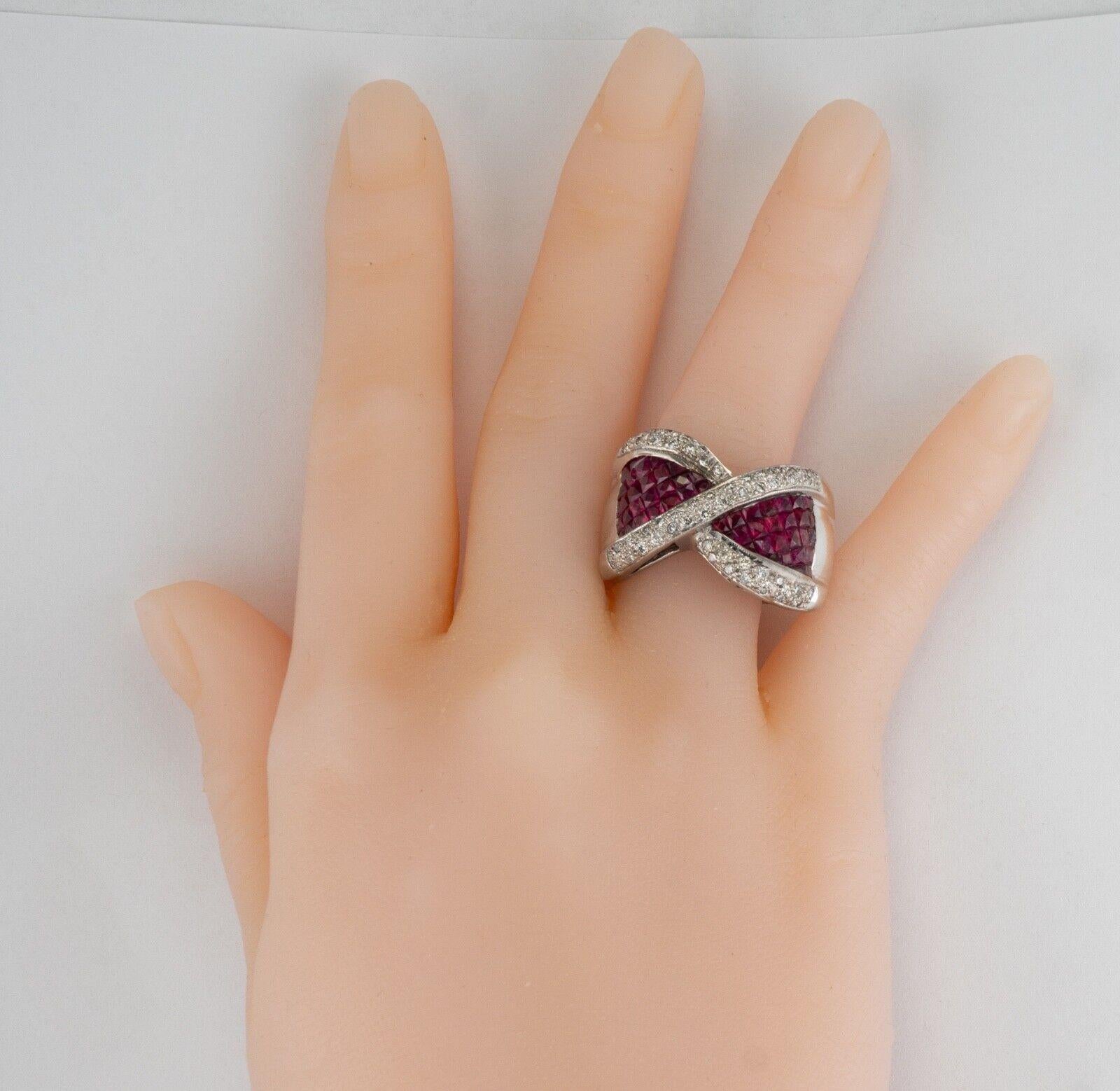 Diamond Ruby Ring 18K White Gold Wide Band Bow For Sale 7