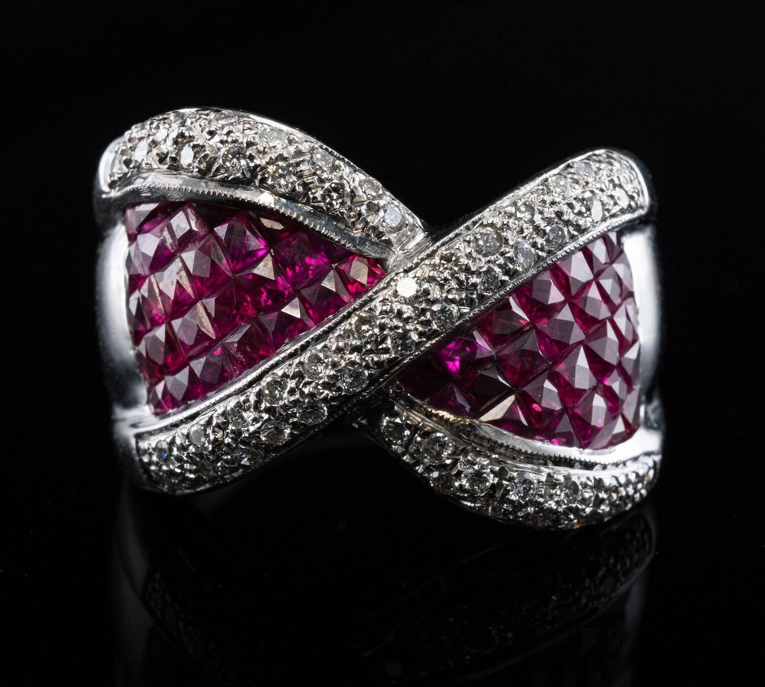 French Cut Diamond Ruby Ring 18K White Gold Wide Band Bow For Sale