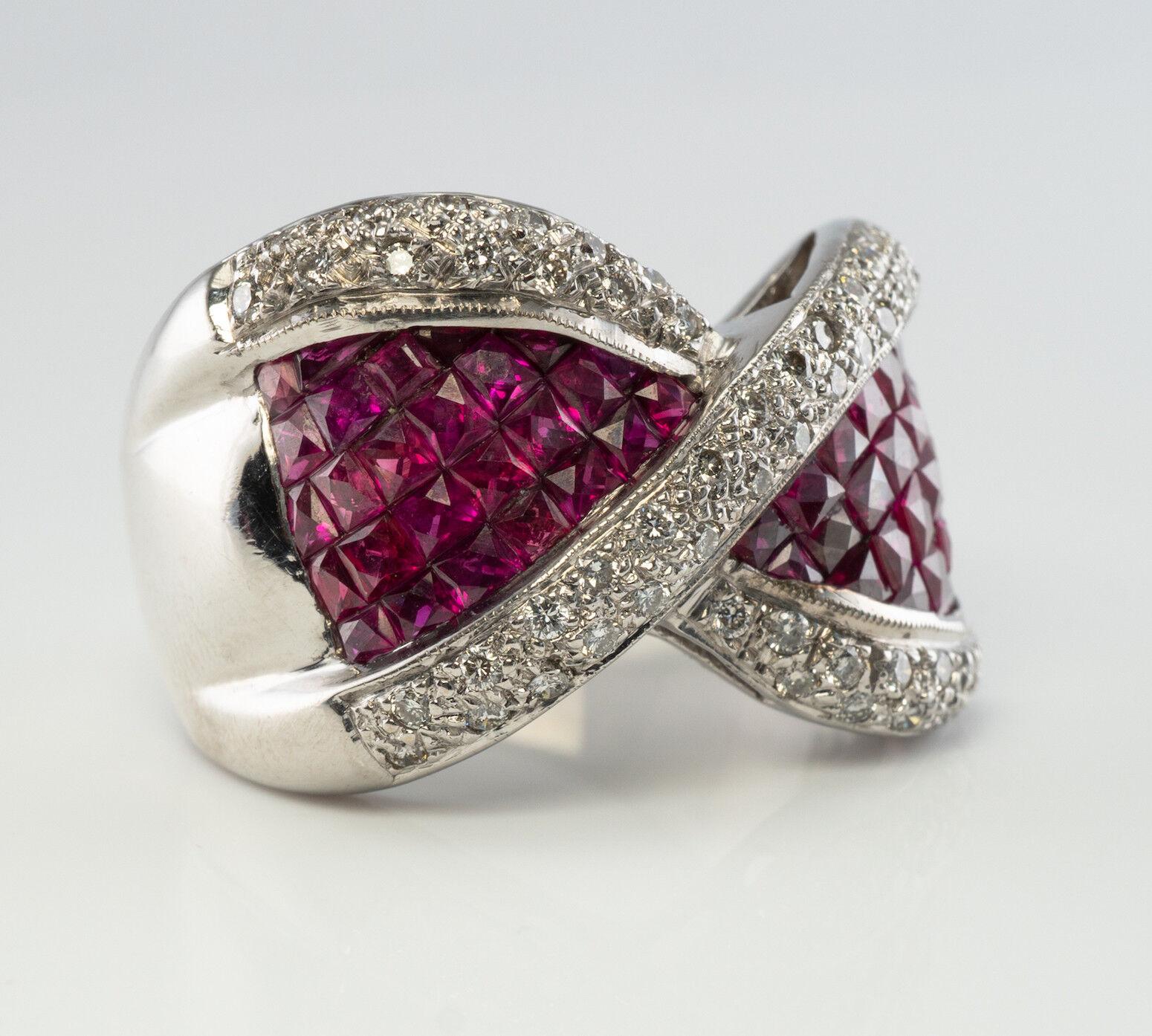 Diamond Ruby Ring 18K White Gold Wide Band Bow In Good Condition For Sale In East Brunswick, NJ