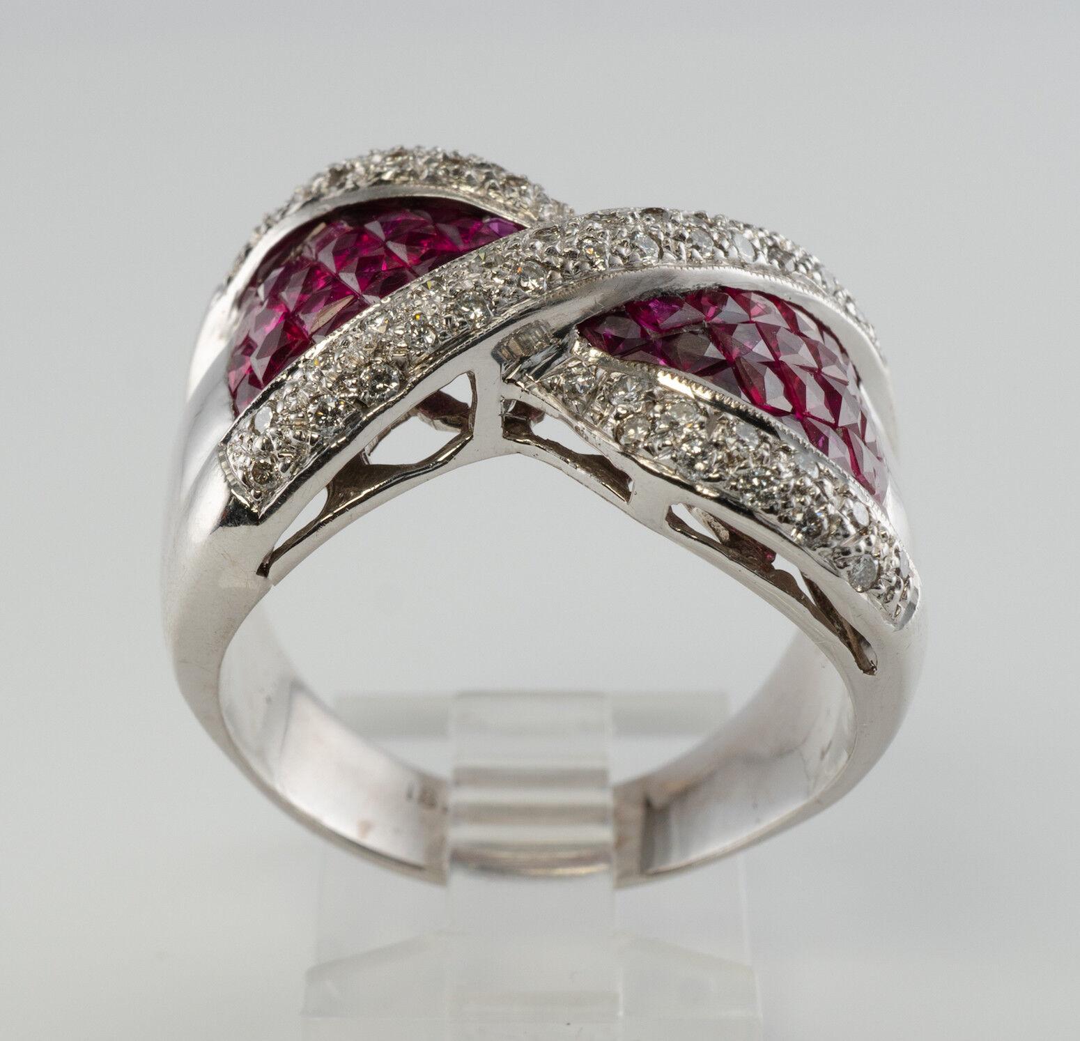 Diamond Ruby Ring 18K White Gold Wide Band Bow For Sale 3