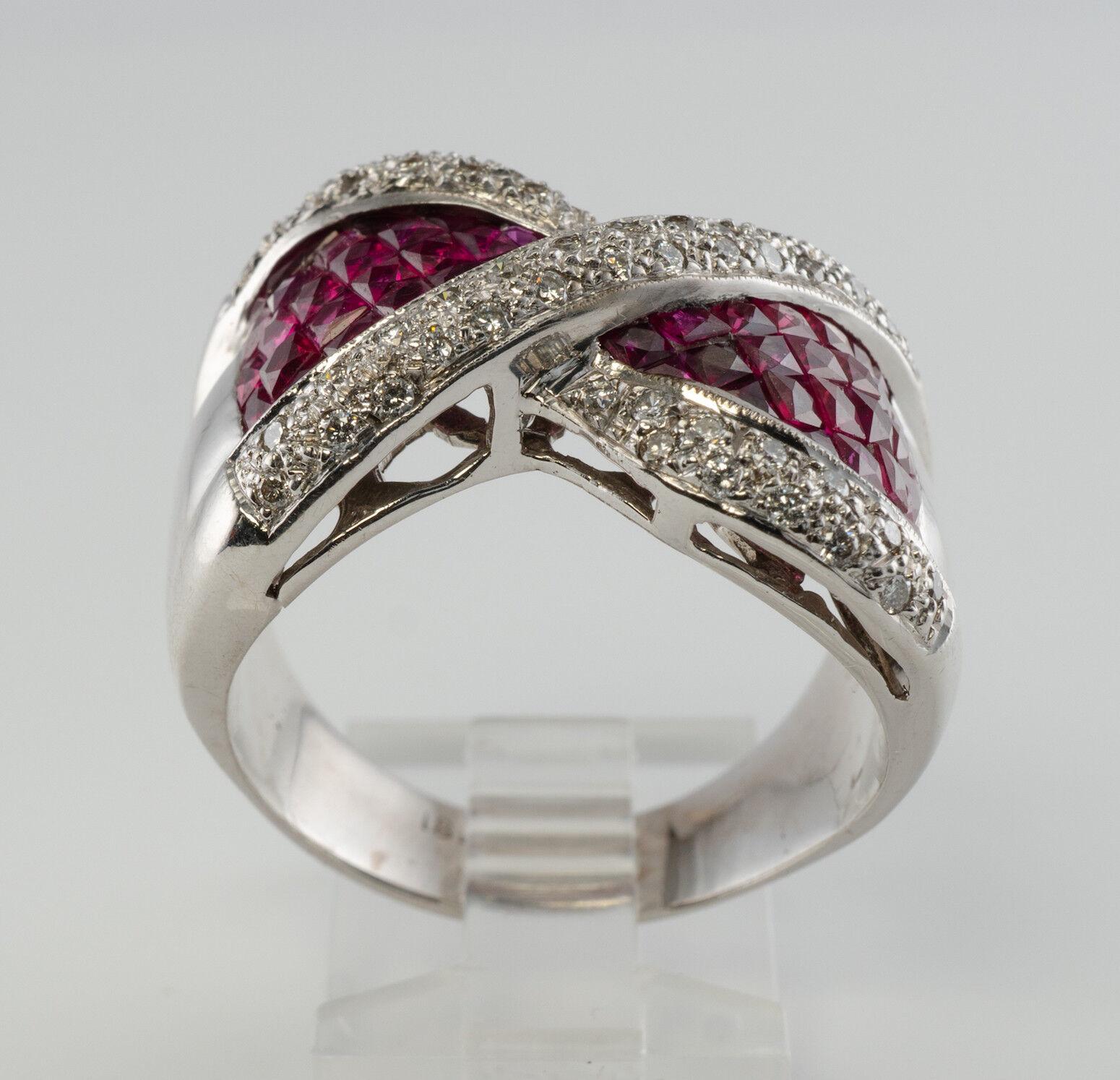 Natural Diamond Ruby Ring 18K White Gold Wide Band Bow For Sale 3