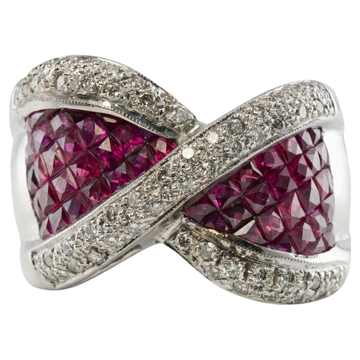 Diamond Ruby Ring 18K White Gold Wide Band Bow