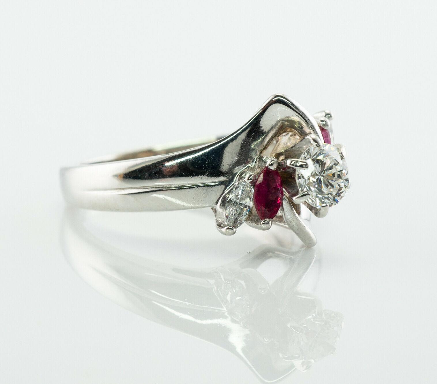 Diamond Ruby Ring Flower 14K White Gold Band Vintage In Good Condition For Sale In East Brunswick, NJ