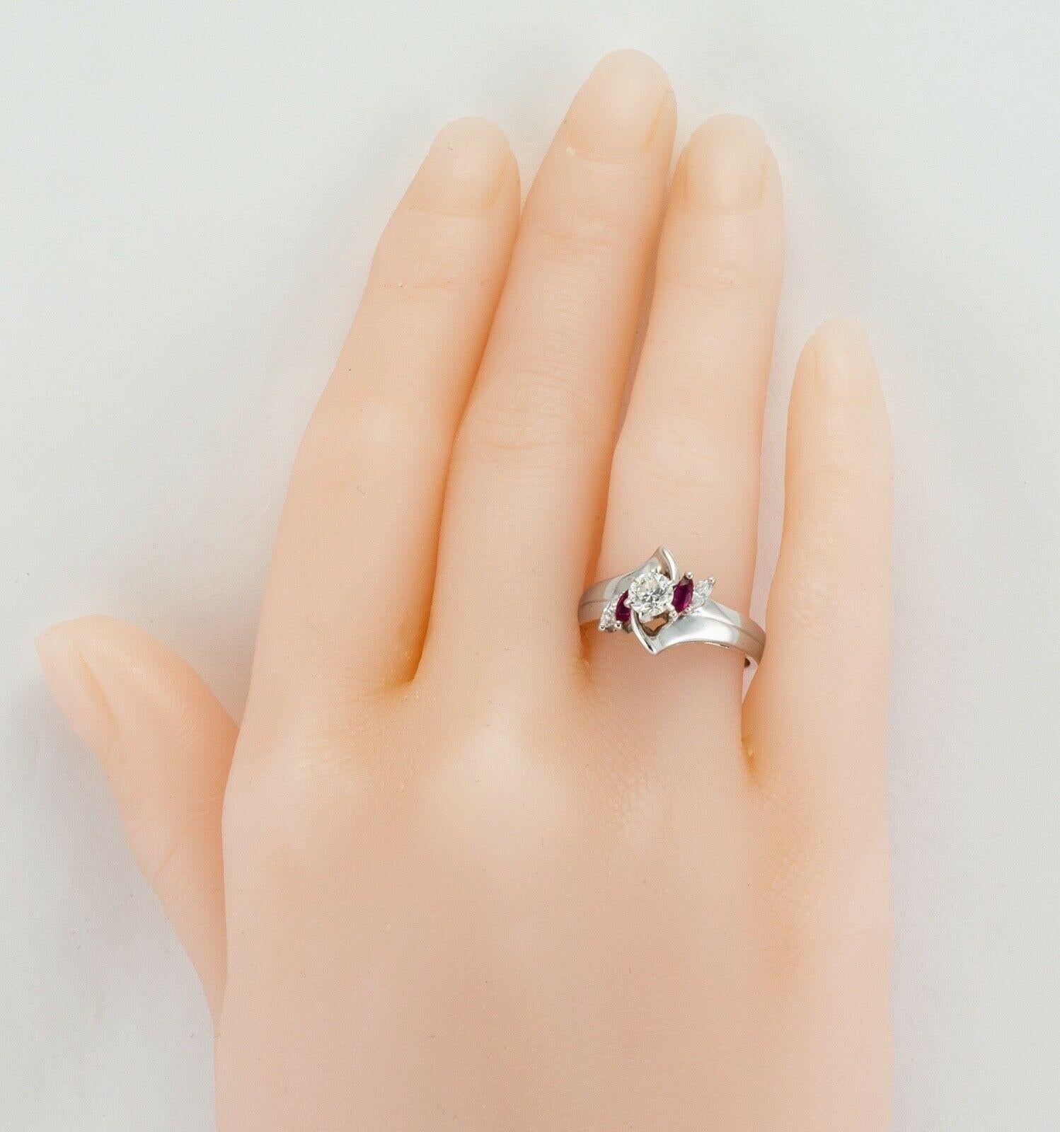 Diamond Ruby Ring Flower 14K White Gold Band Vintage For Sale 4