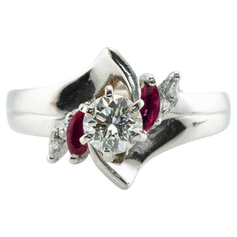 Diamond Ruby Ring Flower 14K White Gold Band Vintage For Sale at 1stDibs