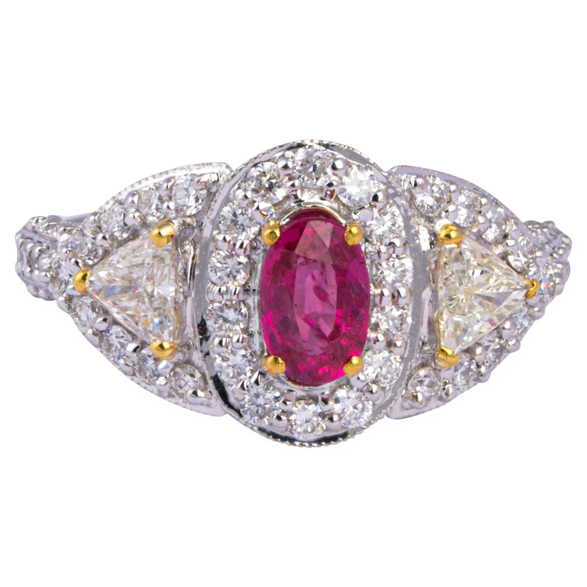 18k gold trillion  Diamonds and  Ruby Ring For Sale