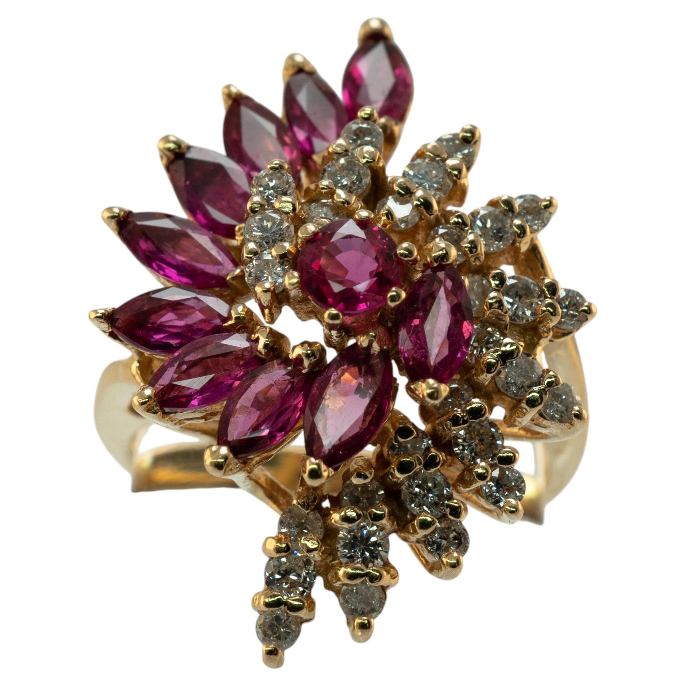 Diamond Ruby Ring Natural Genuine 14K Yellow Gold Cocktail Floral Flower