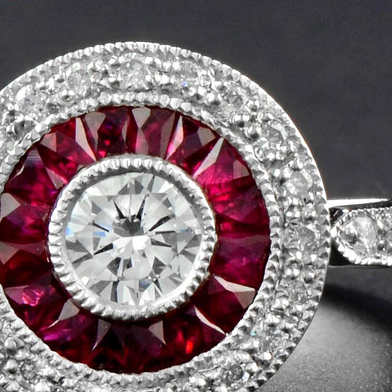 French Cut Nova Art Deco Style Round Diamond with Ruby Engagement Ring in Platinum