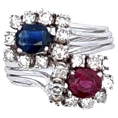 Diamond Ruby Sapphire 18 Karat White Gold Byypass Cocktail Ring 
