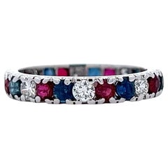 Diamond Ruby Sapphire 18 Karat White Gold Eternity Band Ring Size 6 