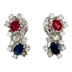 Diamond Ruby Sapphire 18 Karat White Gold Figure Eight Drop Earrings Leverbacks