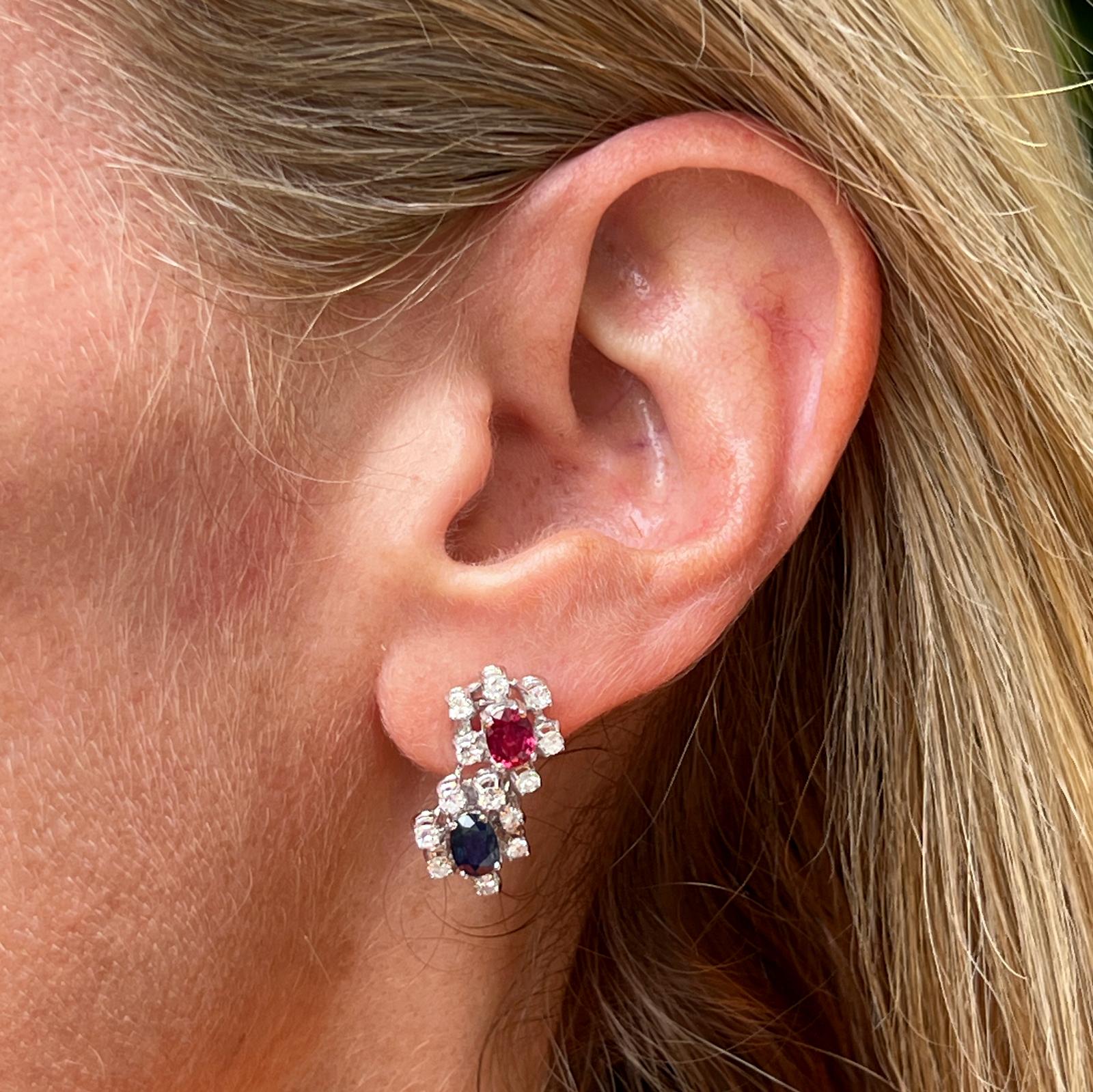 Modern Diamond Ruby Sapphire 18 Karat White Gold Figure Eight Drop Earrings Leverbacks