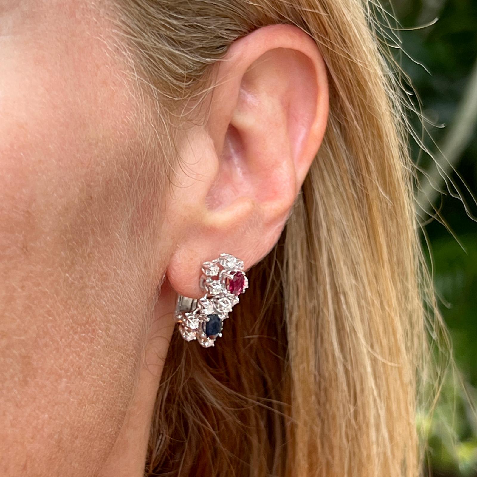 Round Cut Diamond Ruby Sapphire 18 Karat White Gold Figure Eight Drop Earrings Leverbacks