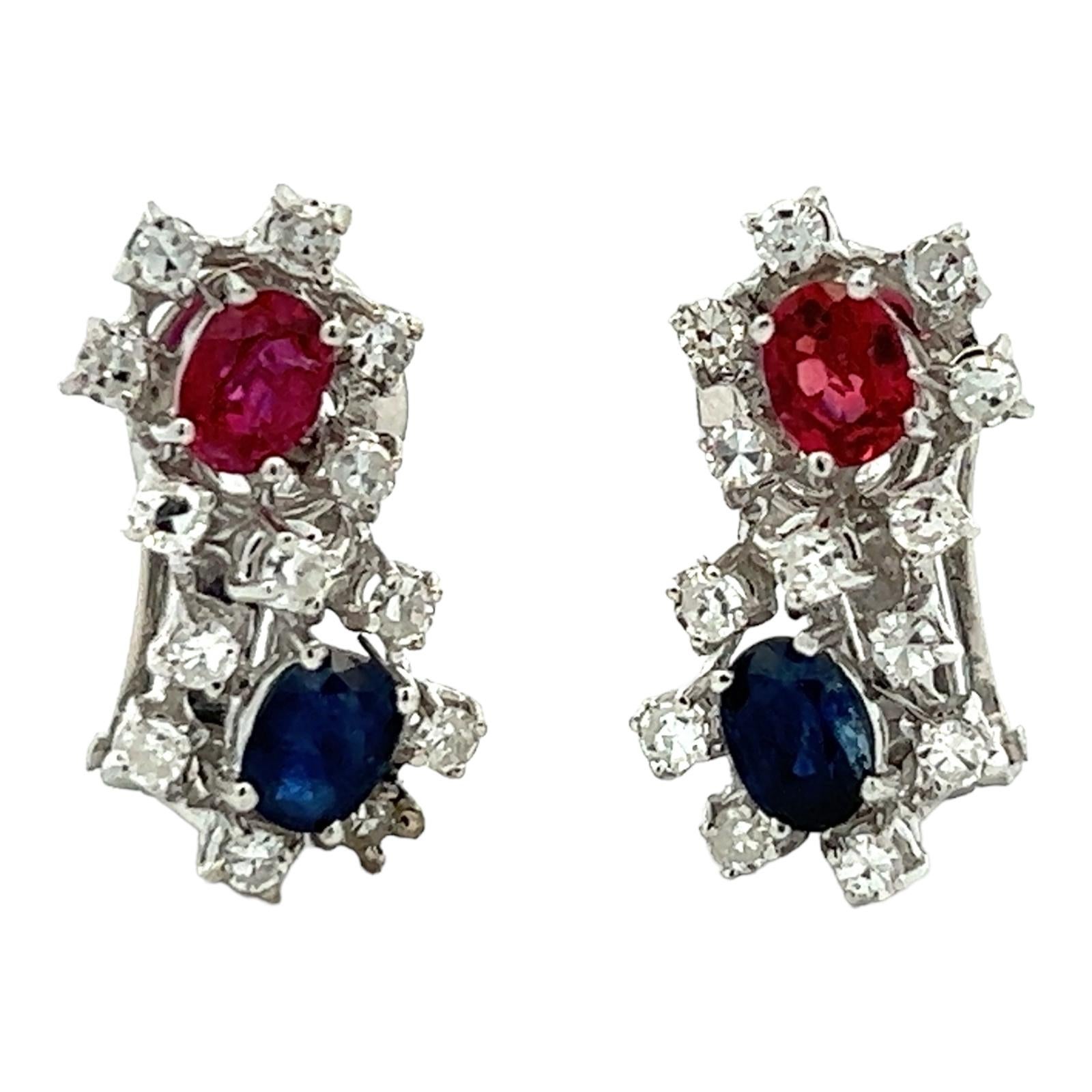 Diamond Ruby Sapphire 18 Karat White Gold Figure Eight Drop Earrings Leverbacks In Excellent Condition In Boca Raton, FL