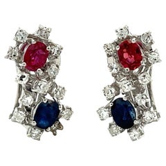 Vintage Diamond Ruby Sapphire 18 Karat White Gold Figure Eight Drop Earrings Leverbacks