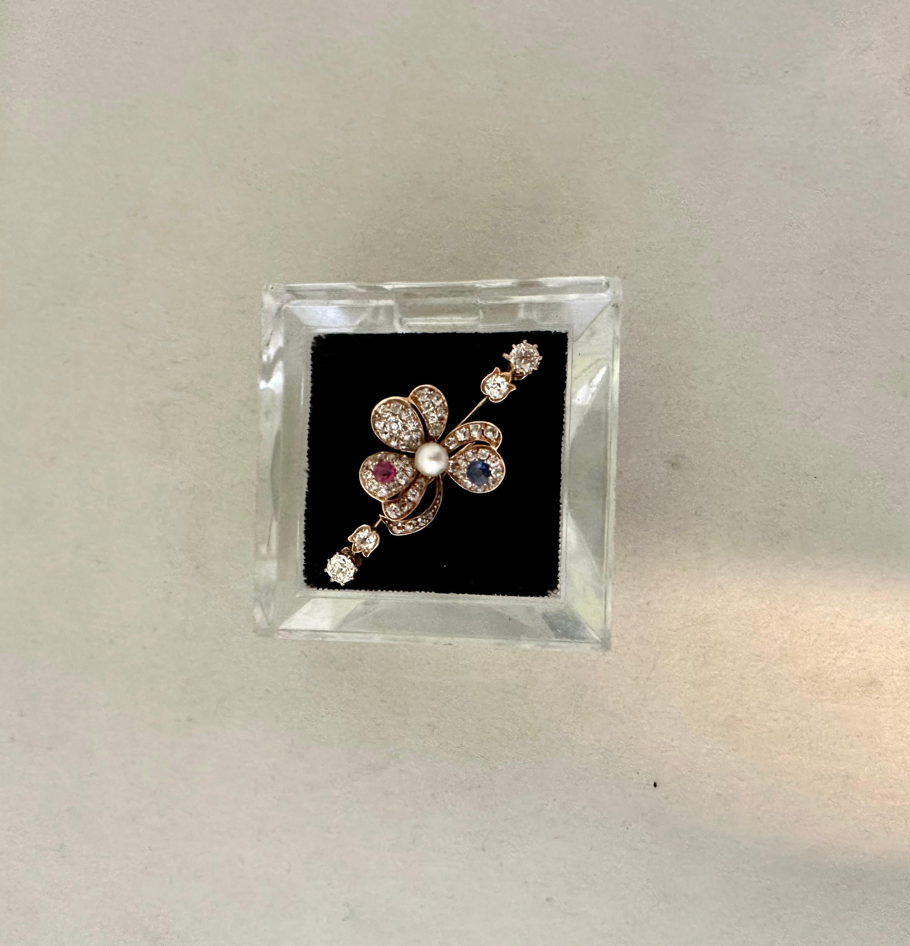 Art Nouveau Diamond, Ruby, Sapphire & 18K Gold Lapel Pin For Sale