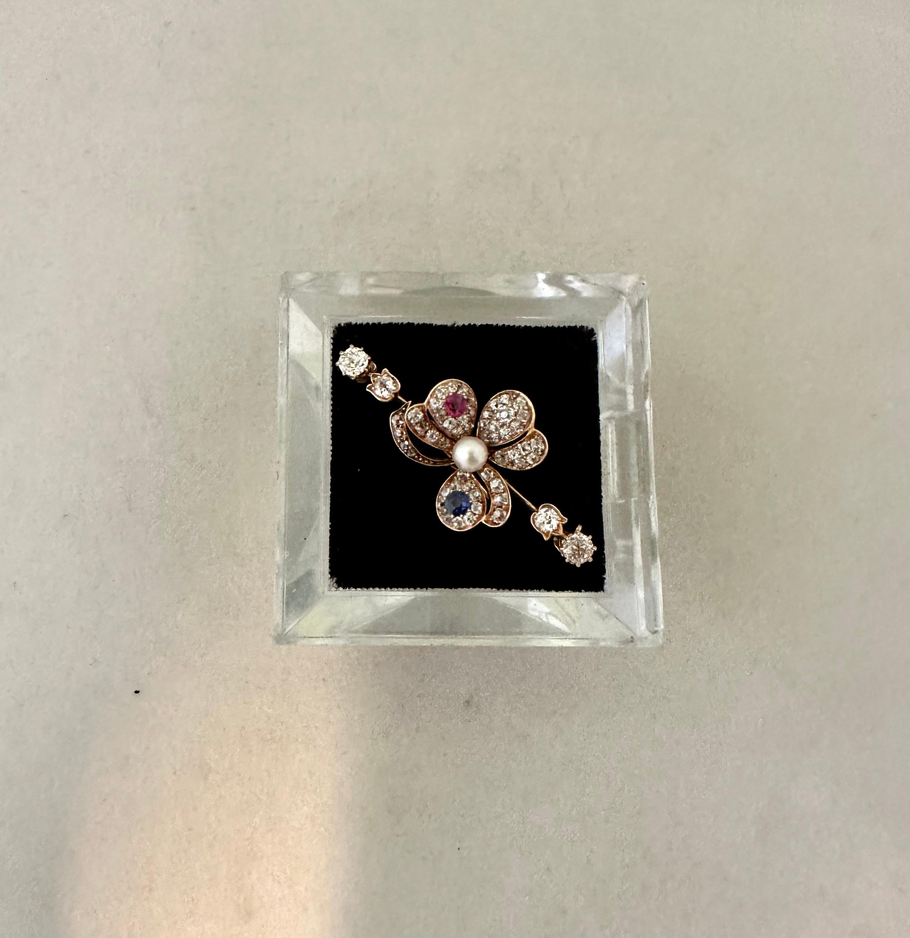 French Diamond, Ruby, Sapphire & 18K Gold Lapel Pin For Sale