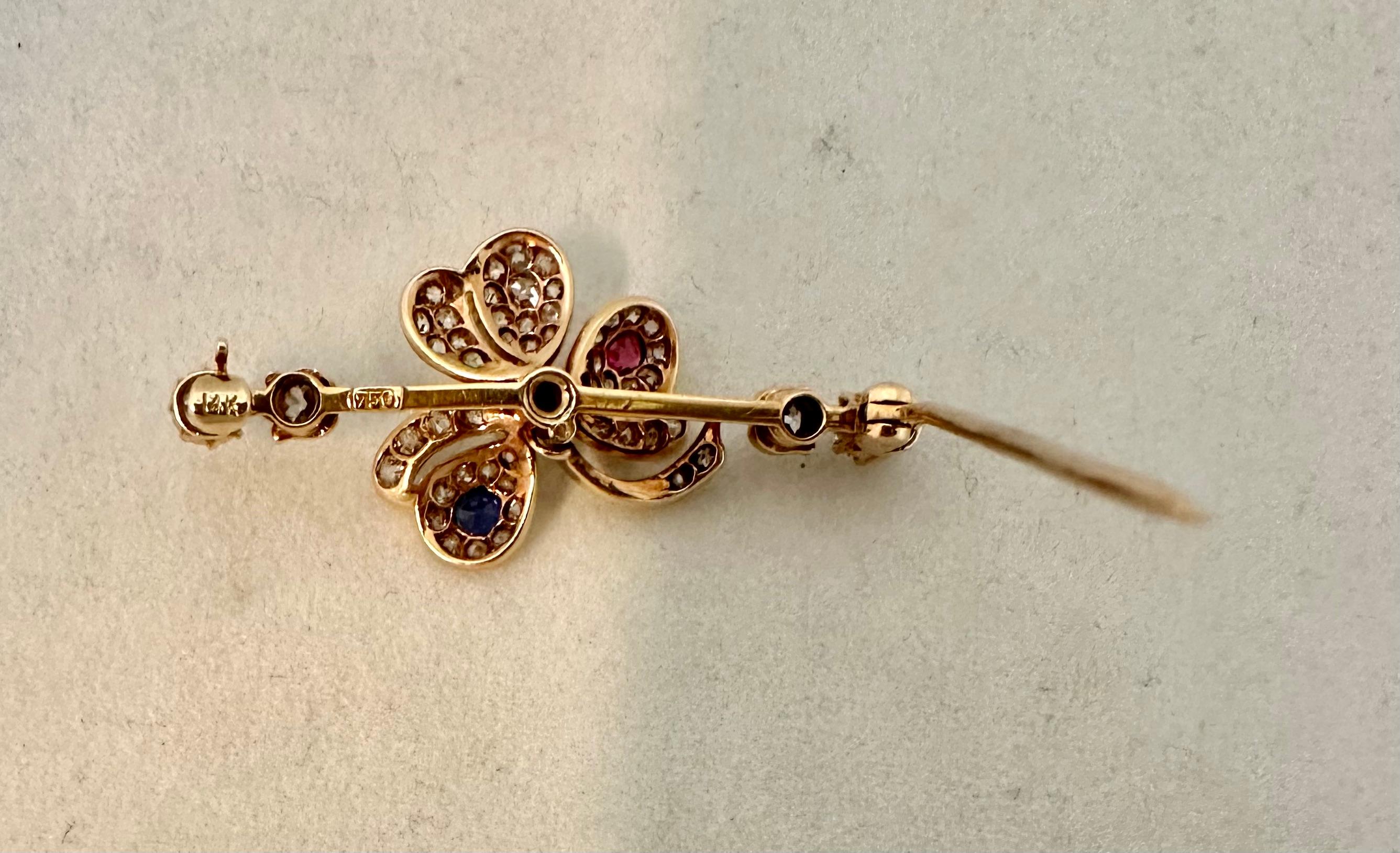 Diamond, Ruby, Sapphire & 18K Gold Lapel Pin In Good Condition For Sale In Bronx, NY