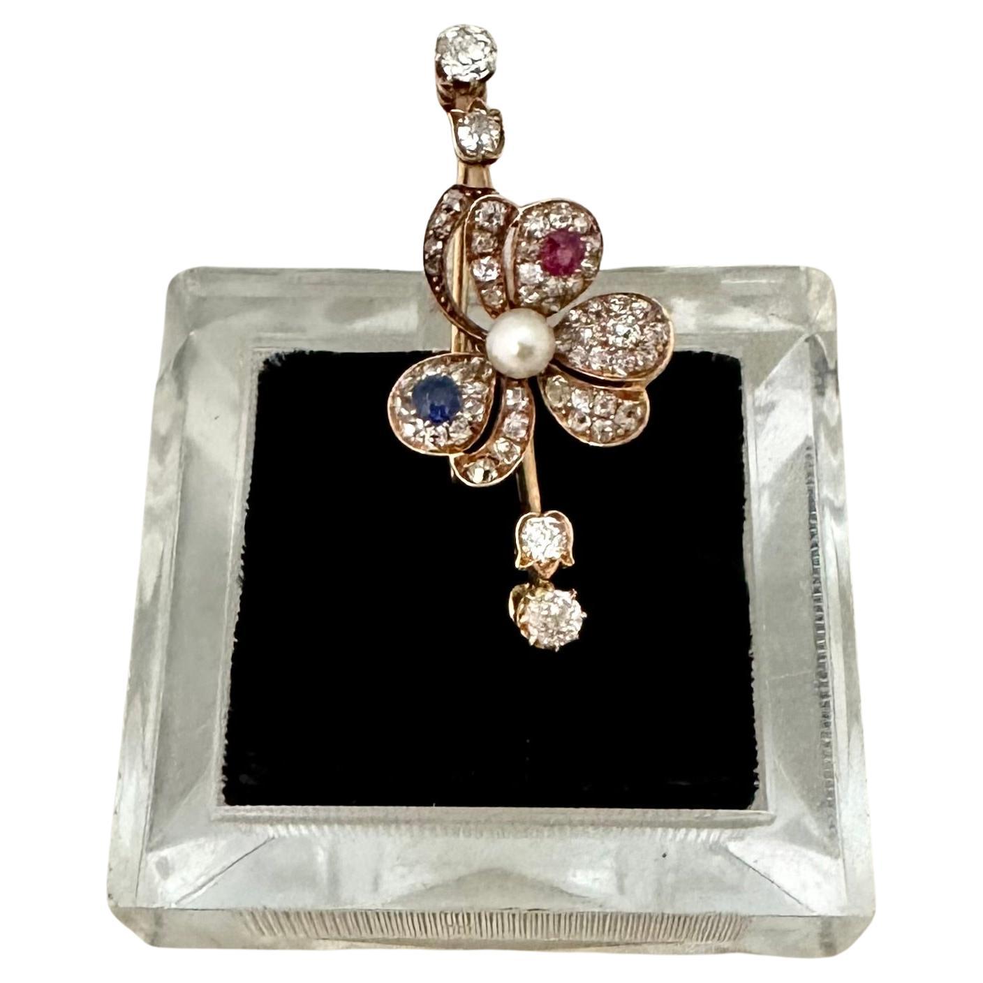 Diamond, Ruby, Sapphire & 18K Gold Lapel Pin