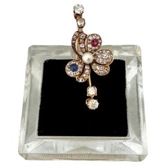 Antique Diamond, Ruby, Sapphire & 18K Gold Lapel Pin