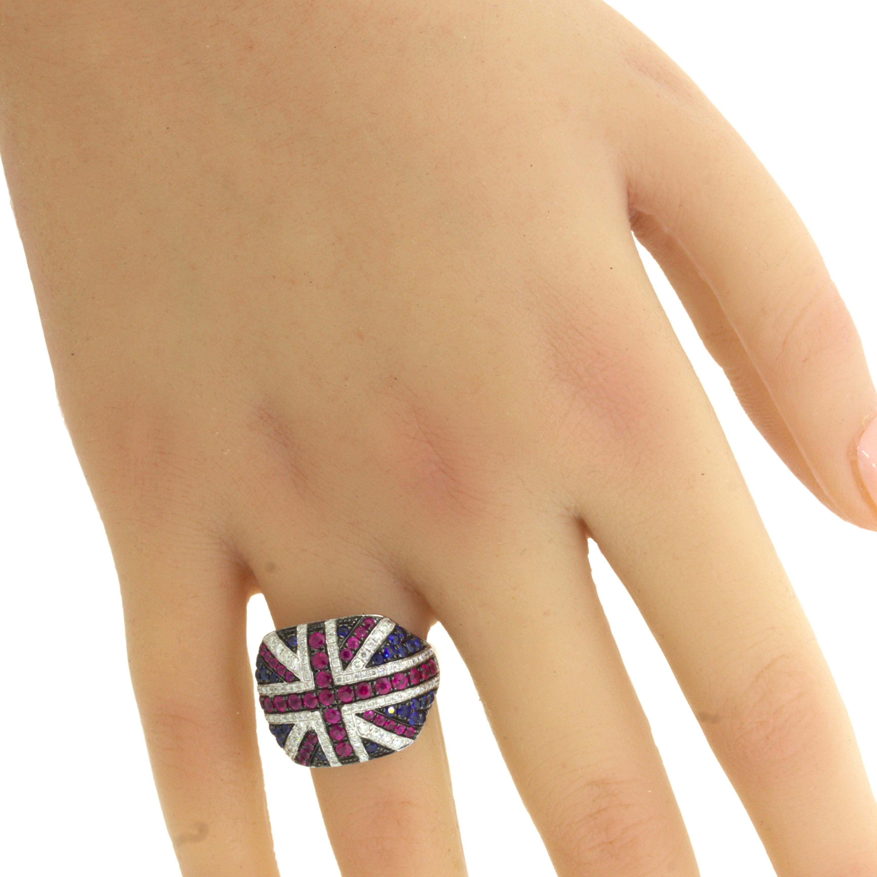 Diamond Ruby Sapphire 18k White Gold “Flag of United Kingdom” Ring For Sale 5