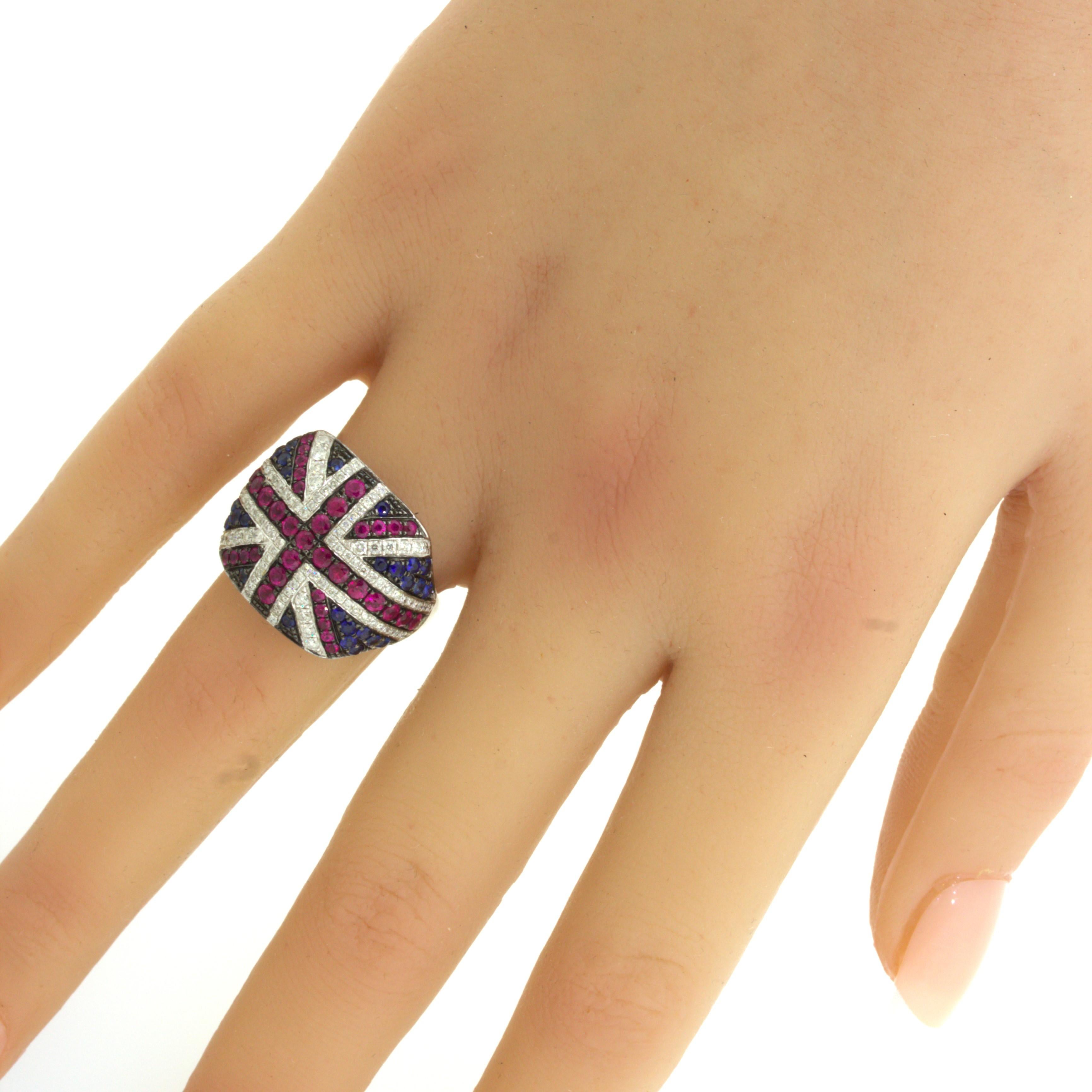 Diamond Ruby Sapphire 18k White Gold “Flag of United Kingdom” Ring For Sale 6