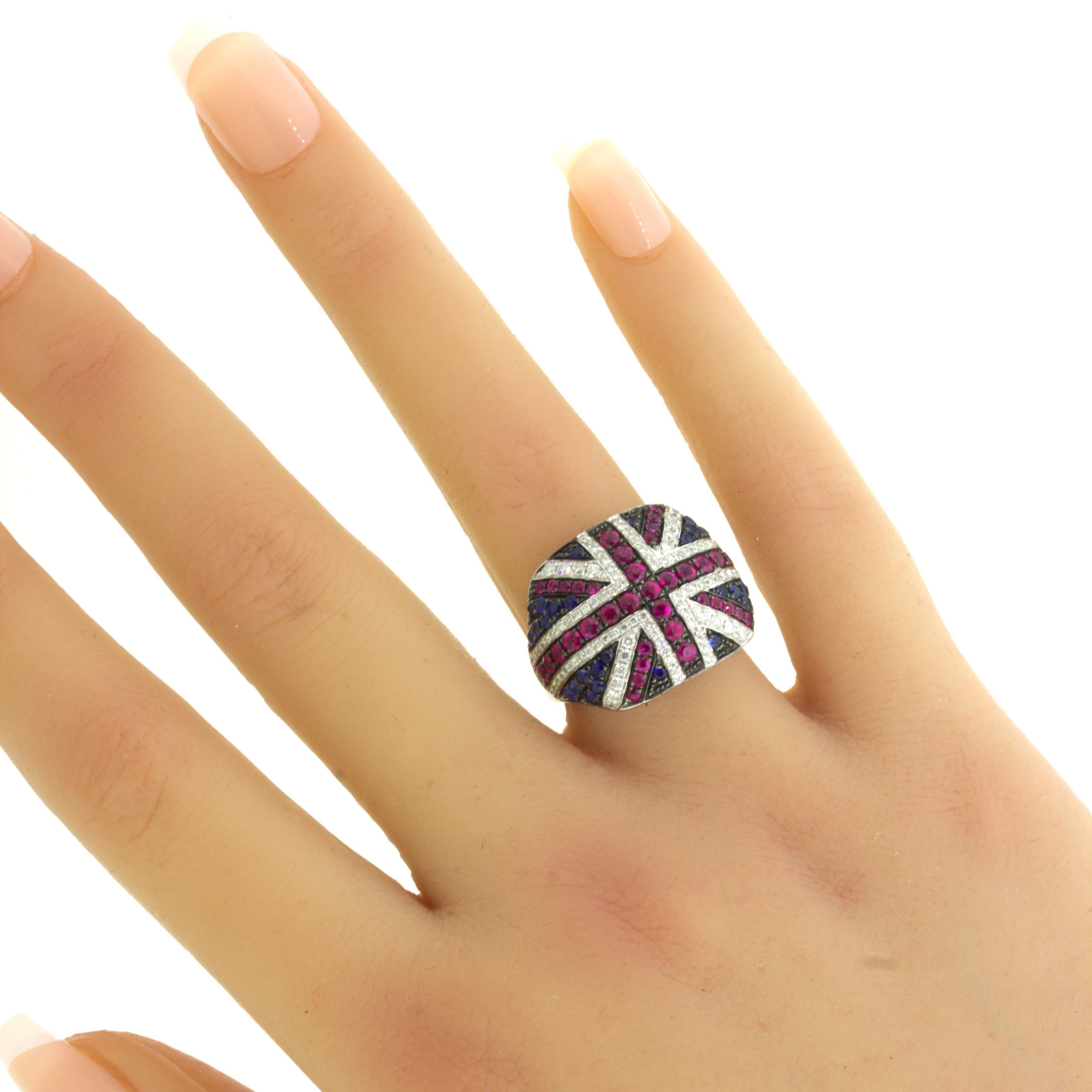 Diamond Ruby Sapphire 18k White Gold “Flag of United Kingdom” Ring For Sale 7