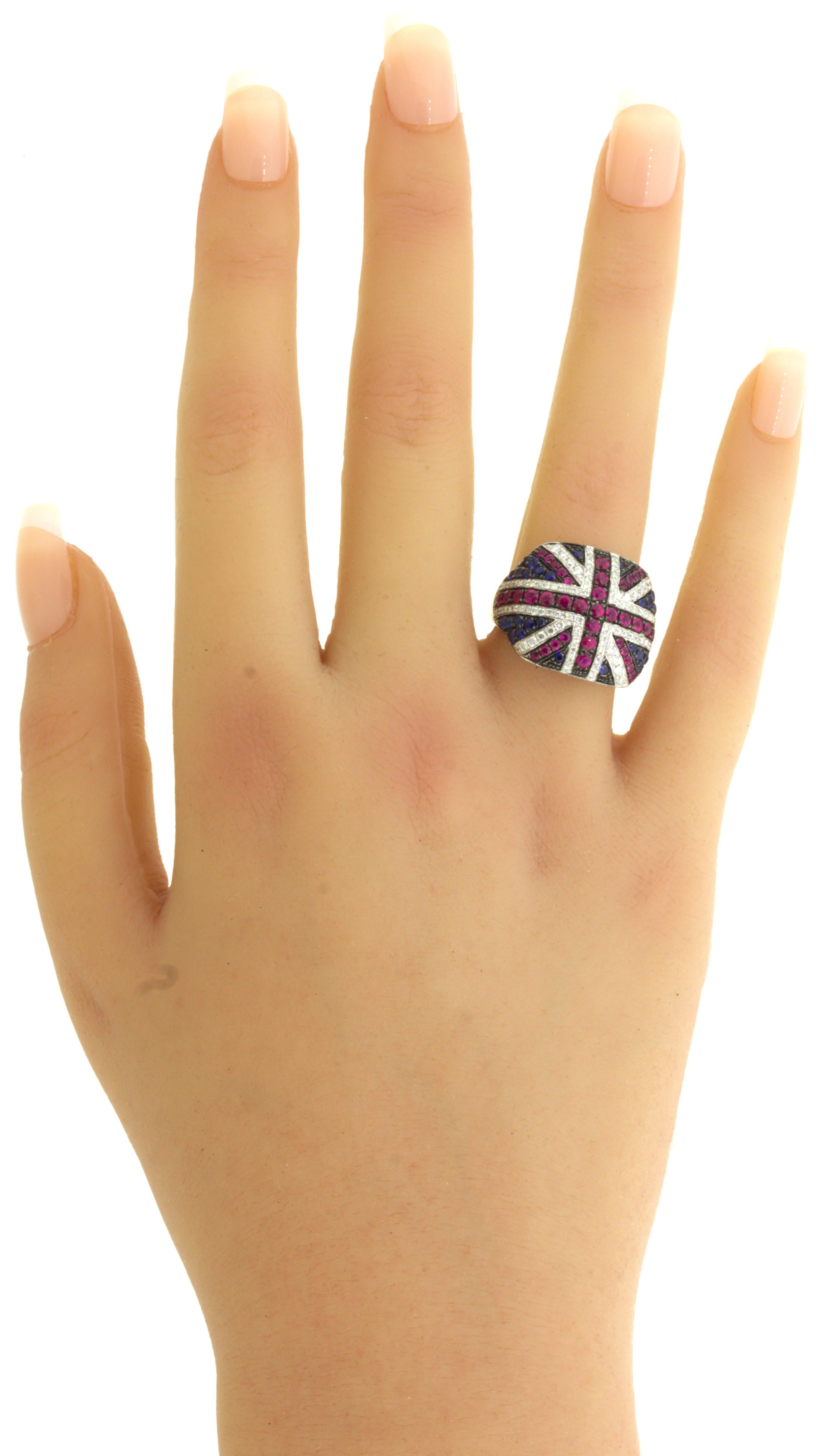Diamond Ruby Sapphire 18k White Gold “Flag of United Kingdom” Ring For Sale 8