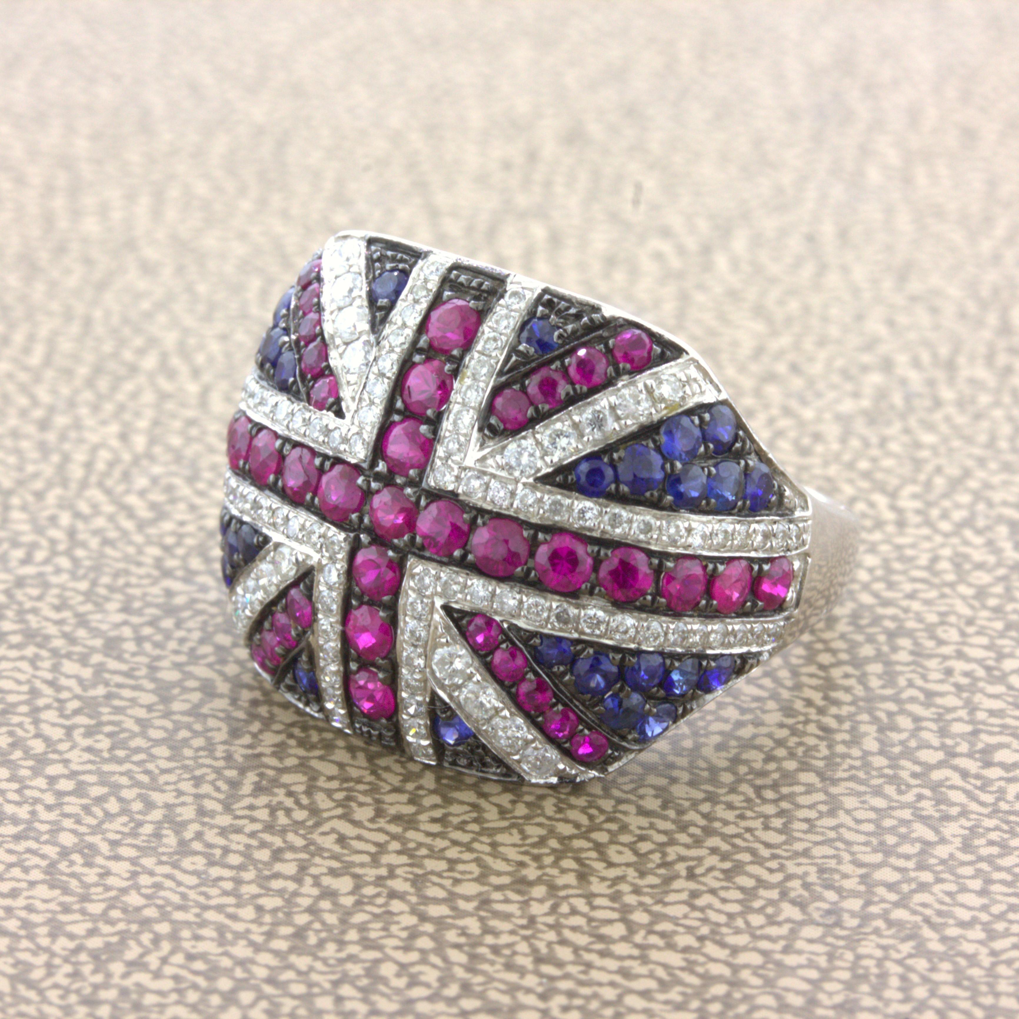 Round Cut Diamond Ruby Sapphire 18k White Gold “Flag of United Kingdom” Ring For Sale
