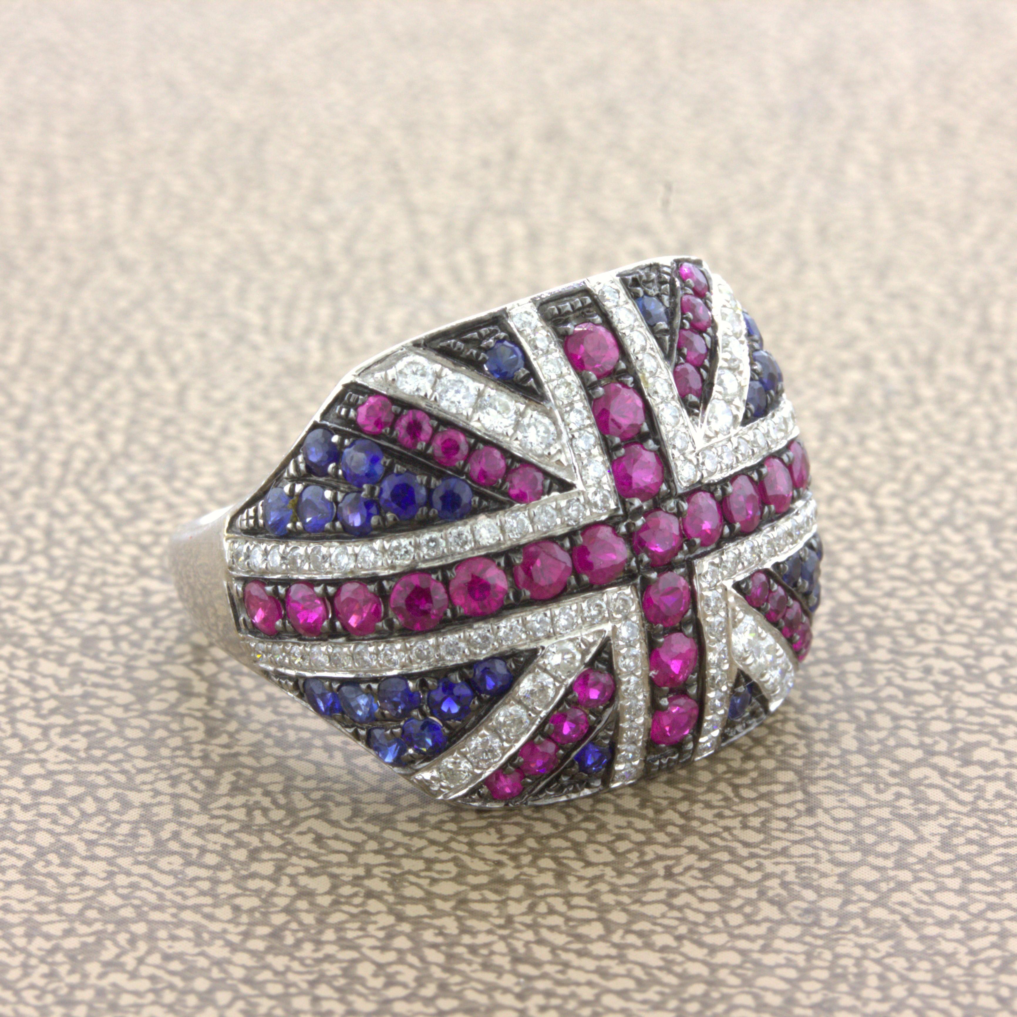 Diamond Ruby Sapphire 18k White Gold “Flag of United Kingdom” Ring In New Condition For Sale In Beverly Hills, CA