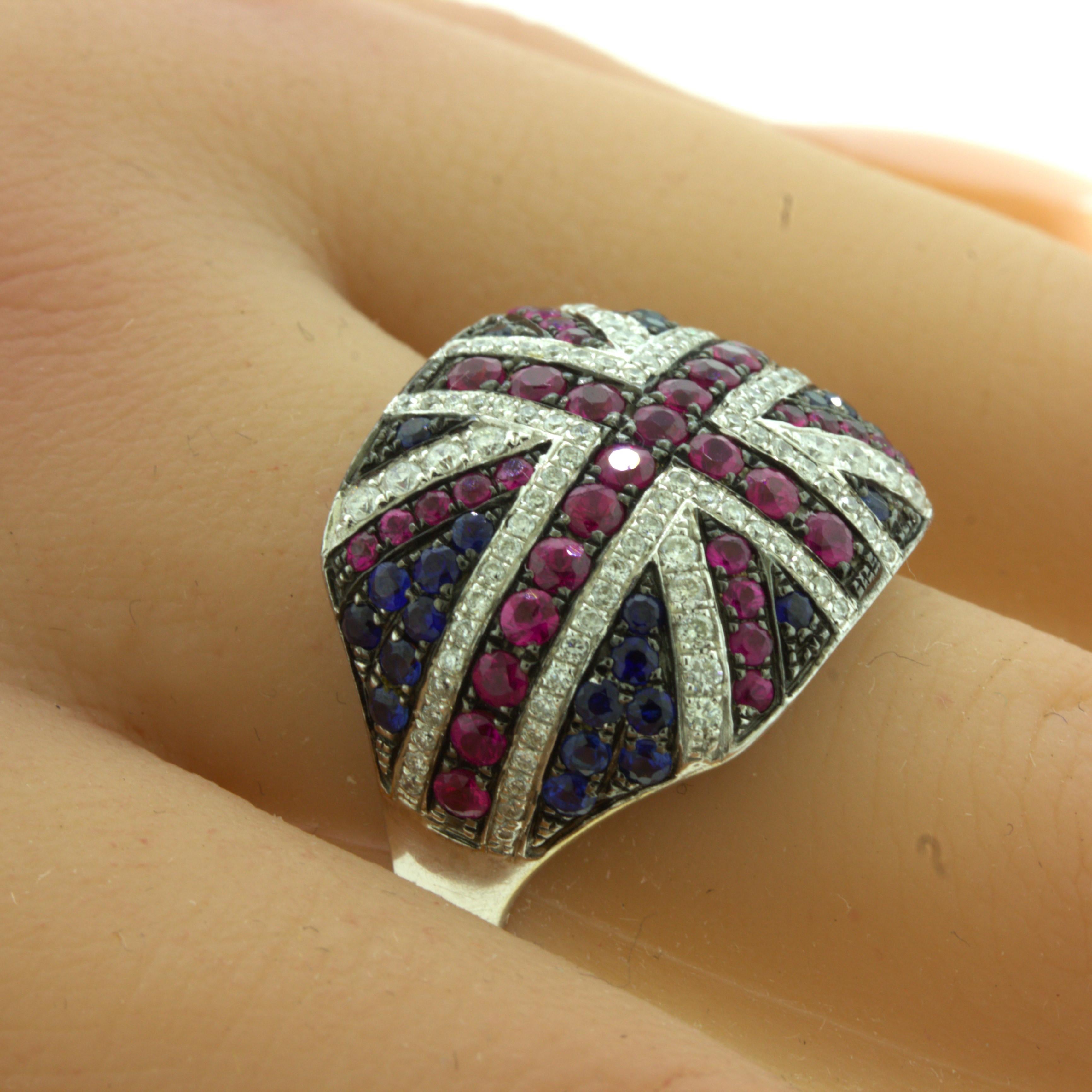 Women's Diamond Ruby Sapphire 18k White Gold “Flag of United Kingdom” Ring For Sale