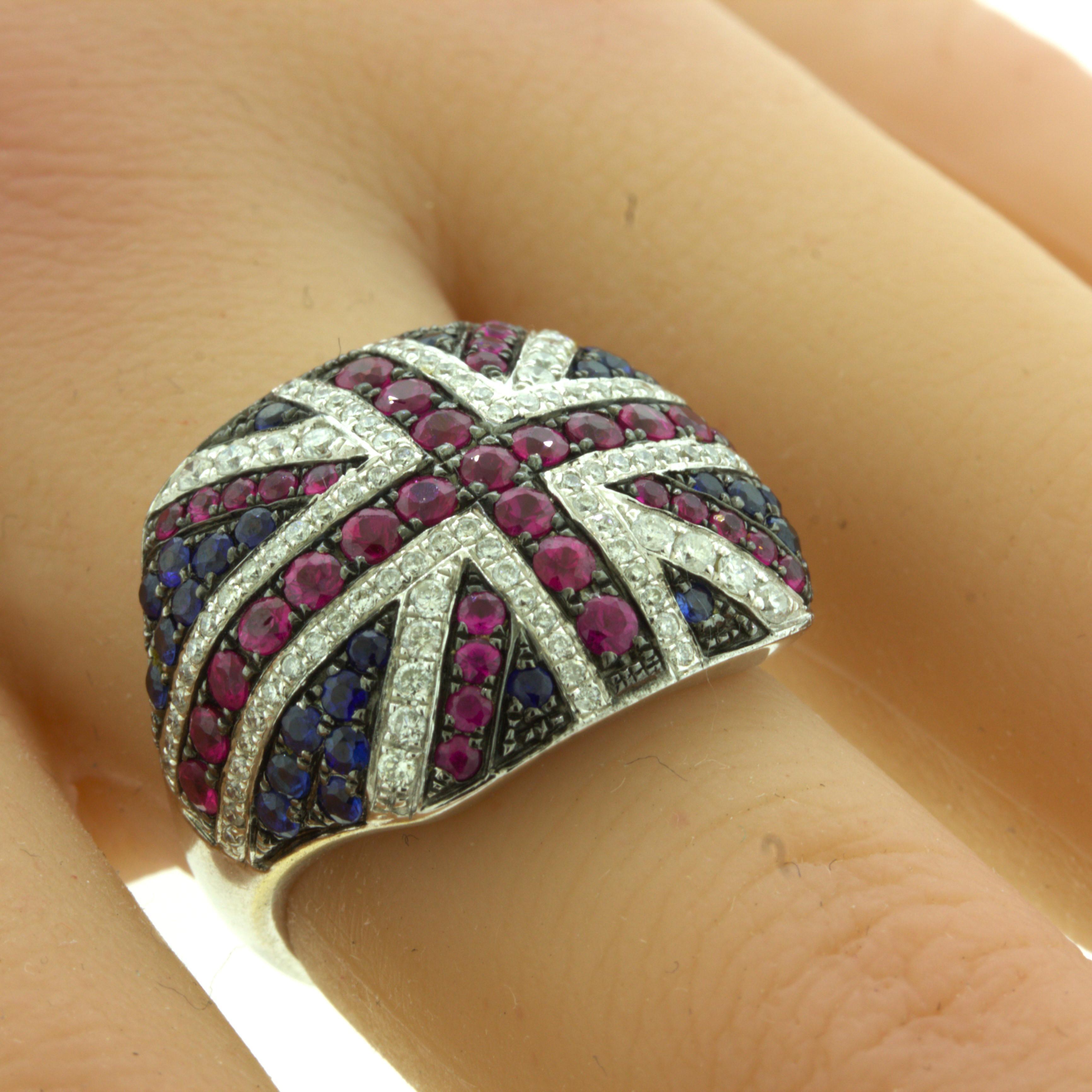 Diamond Ruby Sapphire 18k White Gold “Flag of United Kingdom” Ring For Sale 1