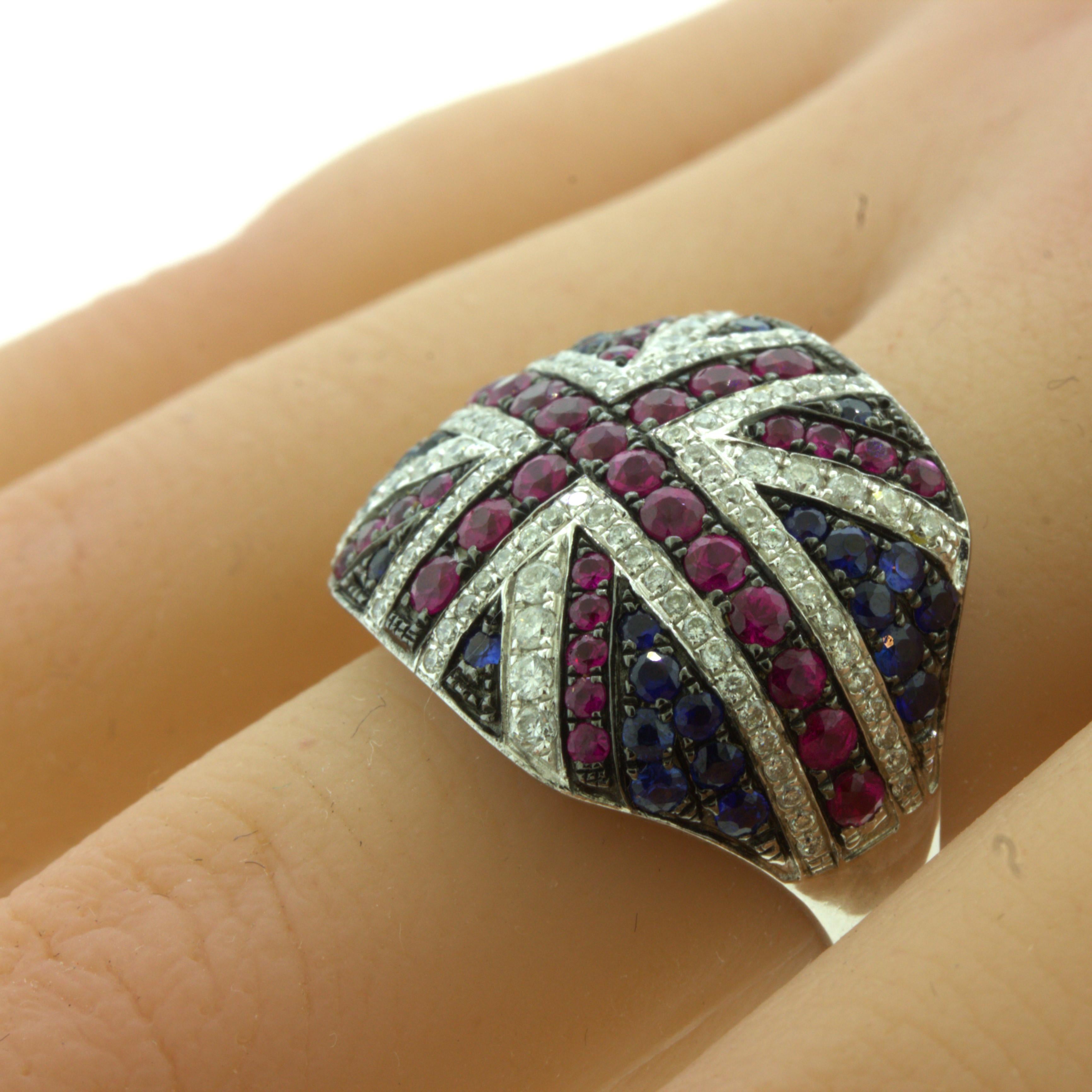 Diamond Ruby Sapphire 18k White Gold “Flag of United Kingdom” Ring For Sale 2