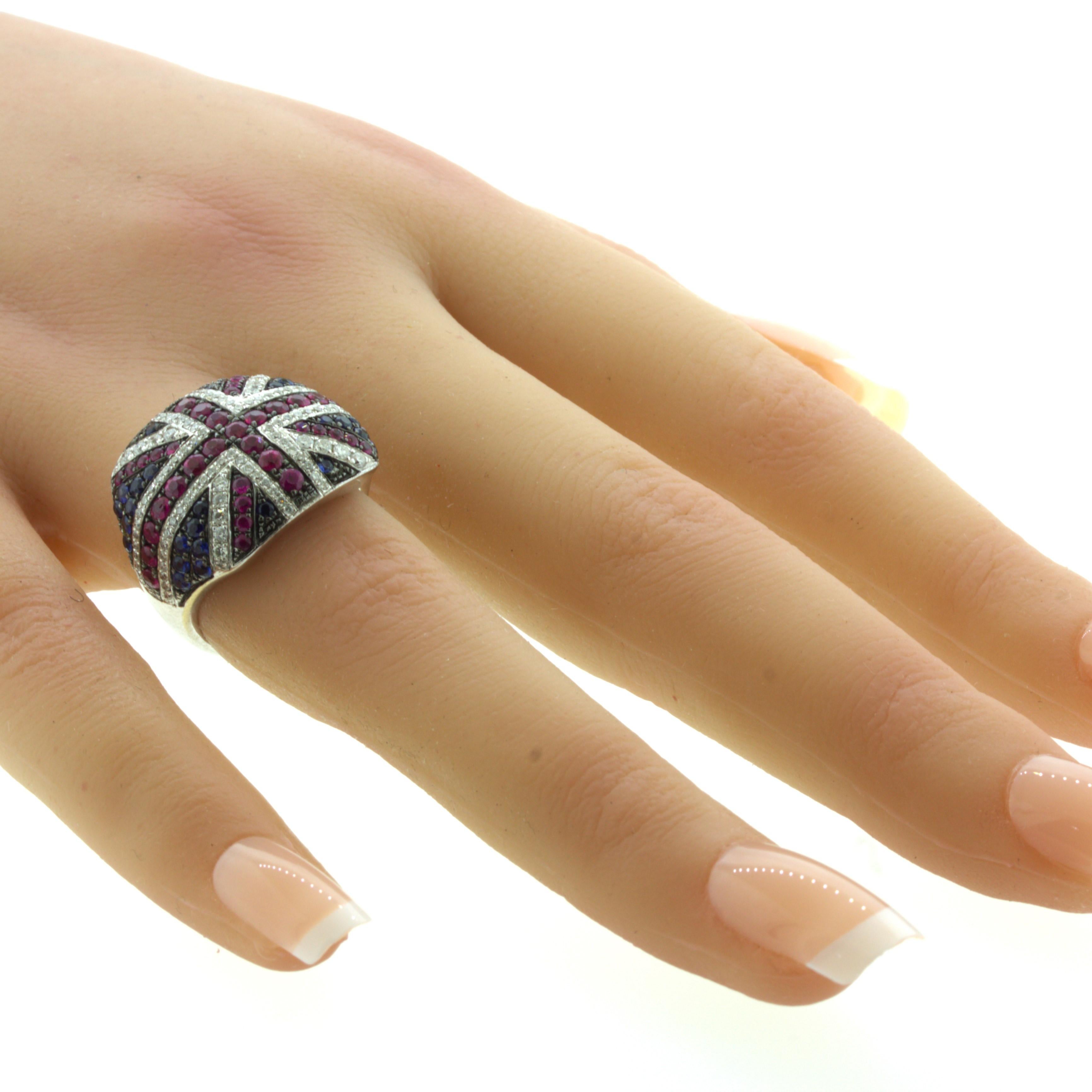 Diamond Ruby Sapphire 18k White Gold “Flag of United Kingdom” Ring For Sale 4