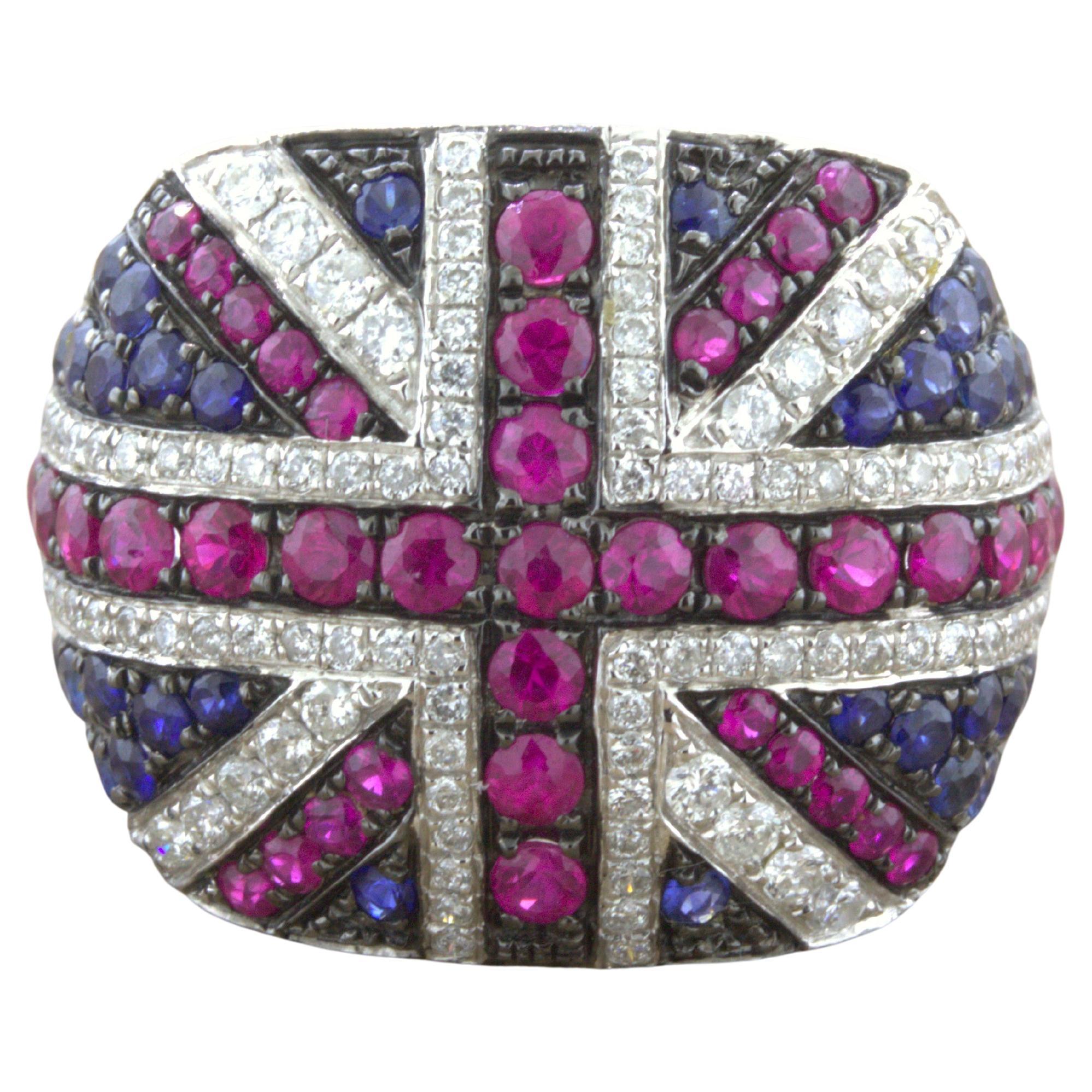 Diamond Ruby Sapphire 18k White Gold “Flag of United Kingdom” Ring For Sale