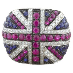 Diamond Ruby Sapphire 18k White Gold “Flag of United Kingdom” Ring