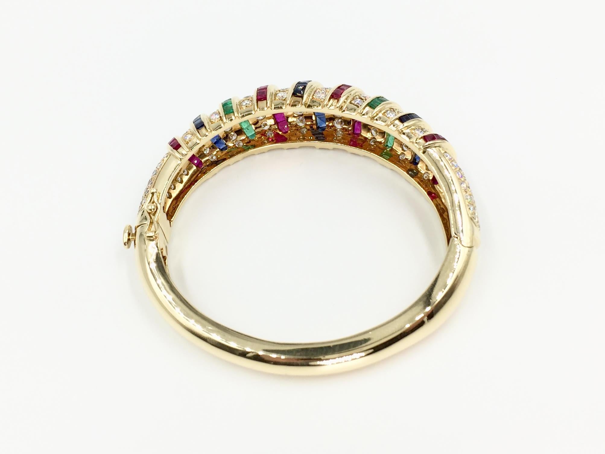 Modern Diamond, Ruby, Sapphire and Emerald 18 Karat Gold Wide Bangle Bracelet