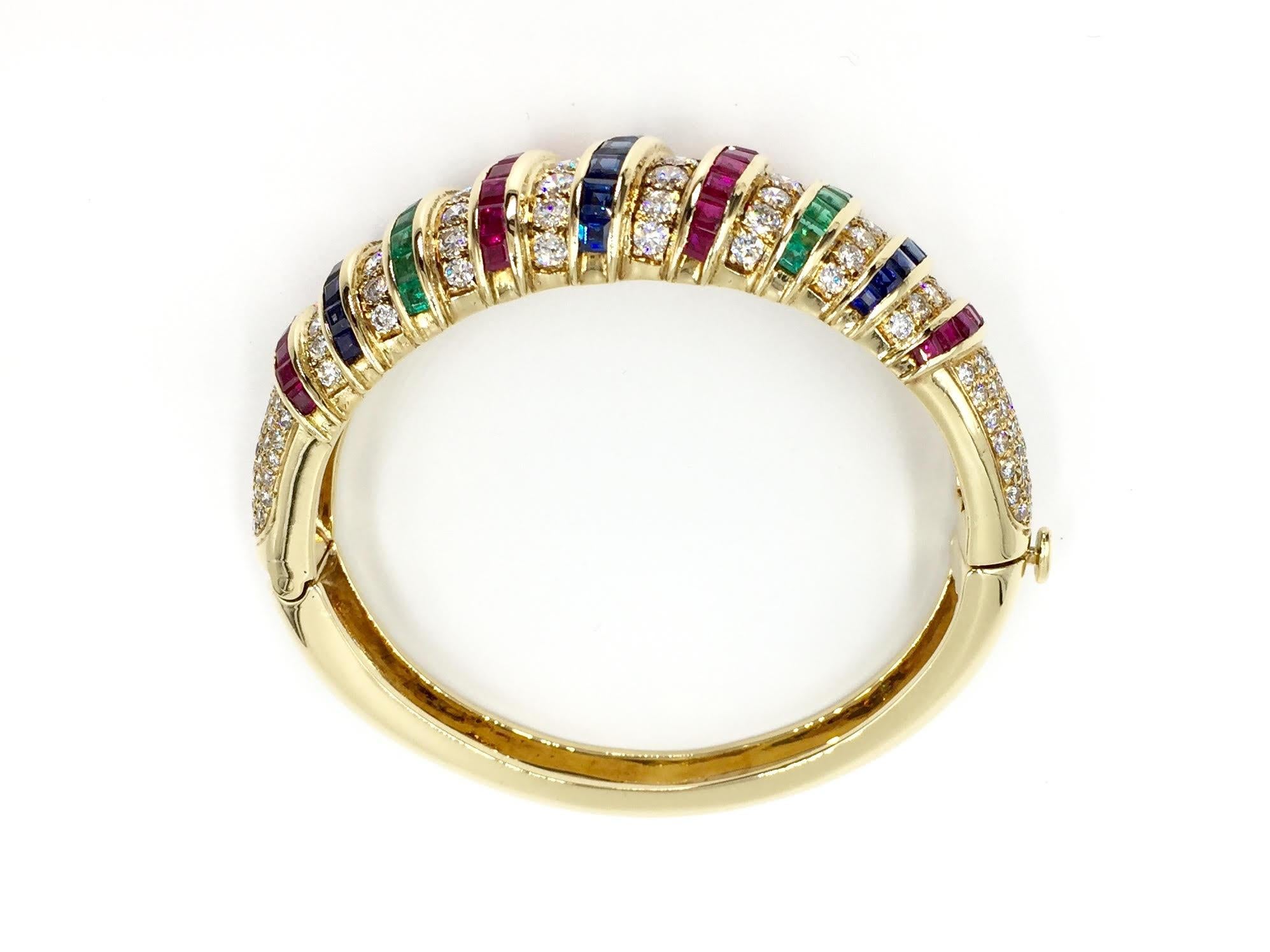 Round Cut Diamond, Ruby, Sapphire and Emerald 18 Karat Gold Wide Bangle Bracelet
