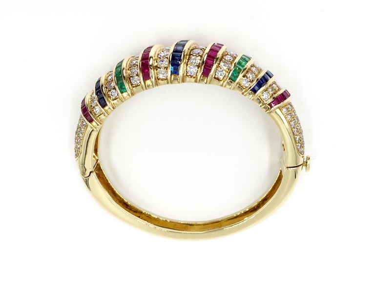 Diamond, Ruby, Sapphire and Emerald 18 Karat Gold Wide Bangle Bracelet ...