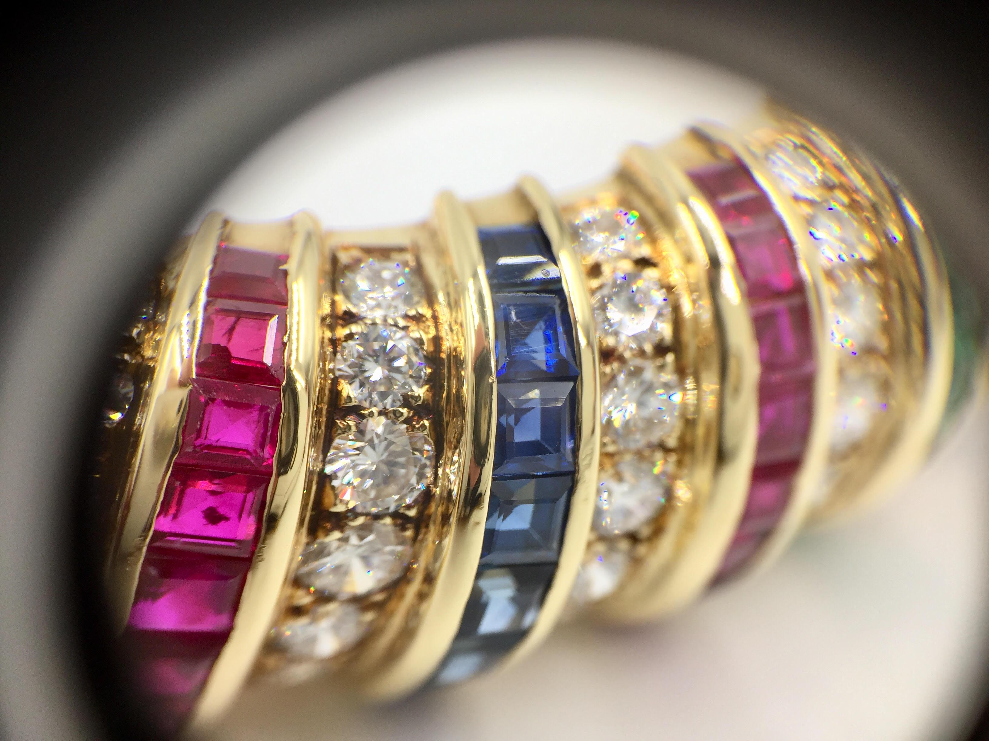 Women's Diamond, Ruby, Sapphire and Emerald 18 Karat Gold Wide Bangle Bracelet