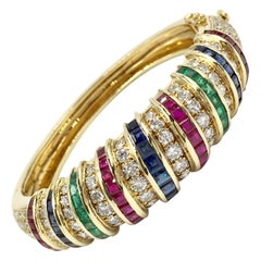 Diamond, Ruby, Sapphire and Emerald 18 Karat Gold Wide Bangle Bracelet
