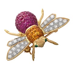 Diamond, Ruby, Sapphire and Emerald 18 Karat Yellow Gold Bee Brooch Pin
