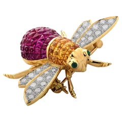 Diamond, Ruby, Sapphire and Emerald 18 Karat Yellow Gold Bee Brooch Pin