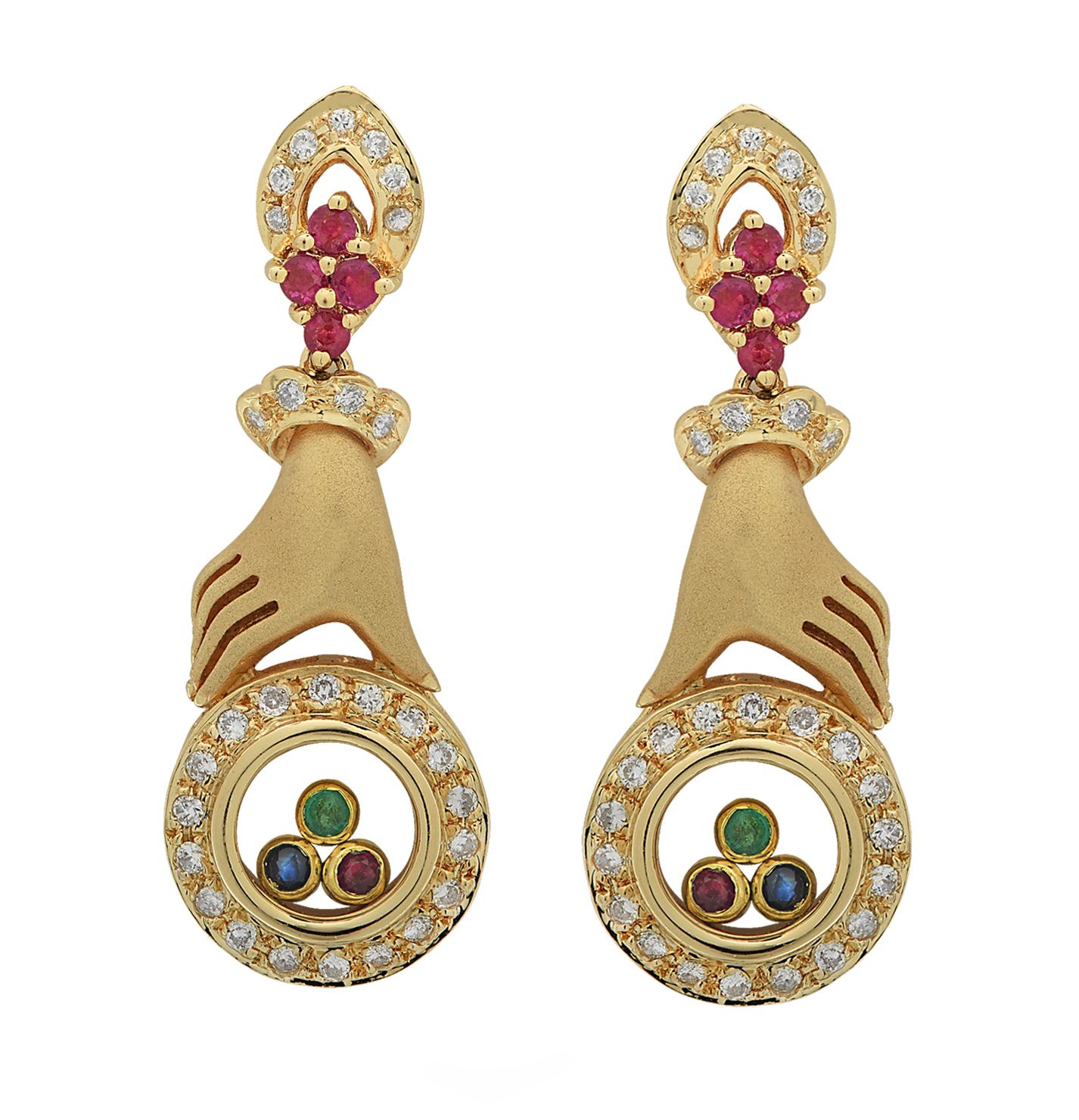 Gorgeous earrings crafted in 18 karat yellow gold, featuring 58 round brilliant cut diamonds weighing approximately .50 carats total, G color, VS-SI clarity and 14 mixed emerald, sapphires and rubies weighing approximately .30 carats total. These