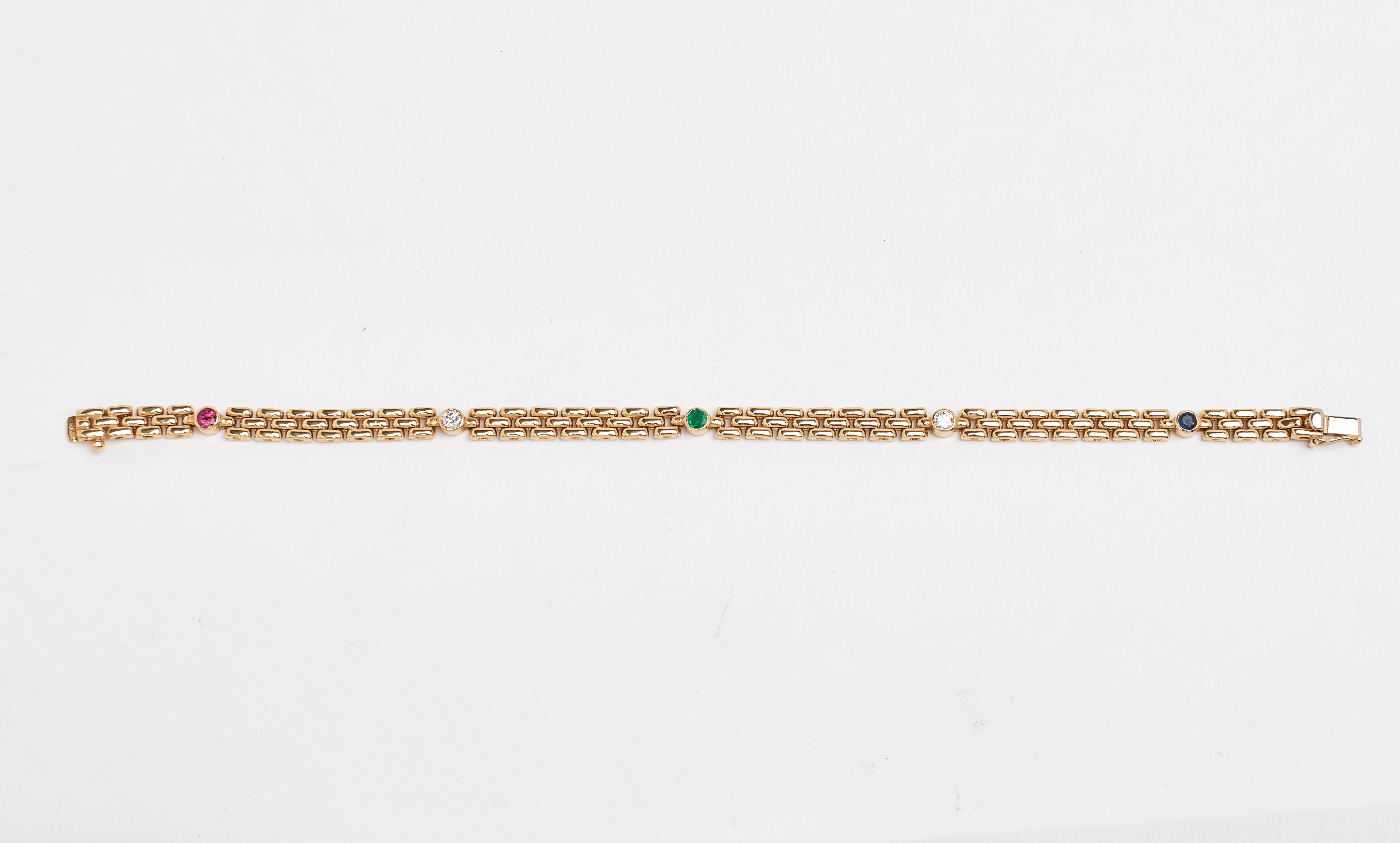 Round Cut Diamond Ruby Sapphire and Emerald Gold Bracelet