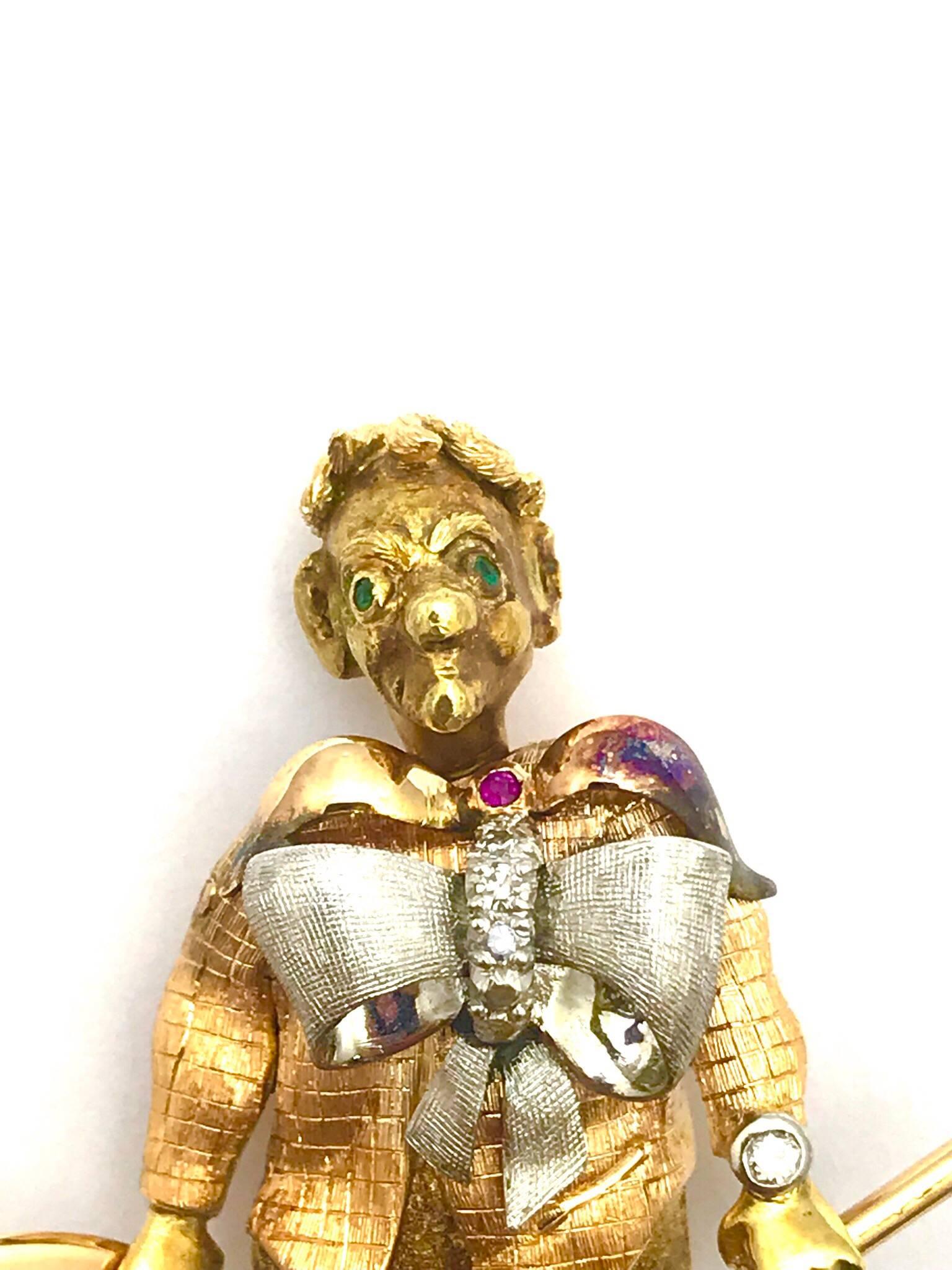 Diamond Ruby Sapphire and Emerald Rose and White Gold Circus Clown In Excellent Condition In Chevy Chase, MD