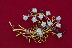 Diamond Ruby Sapphire and Gold Floral Brooch
